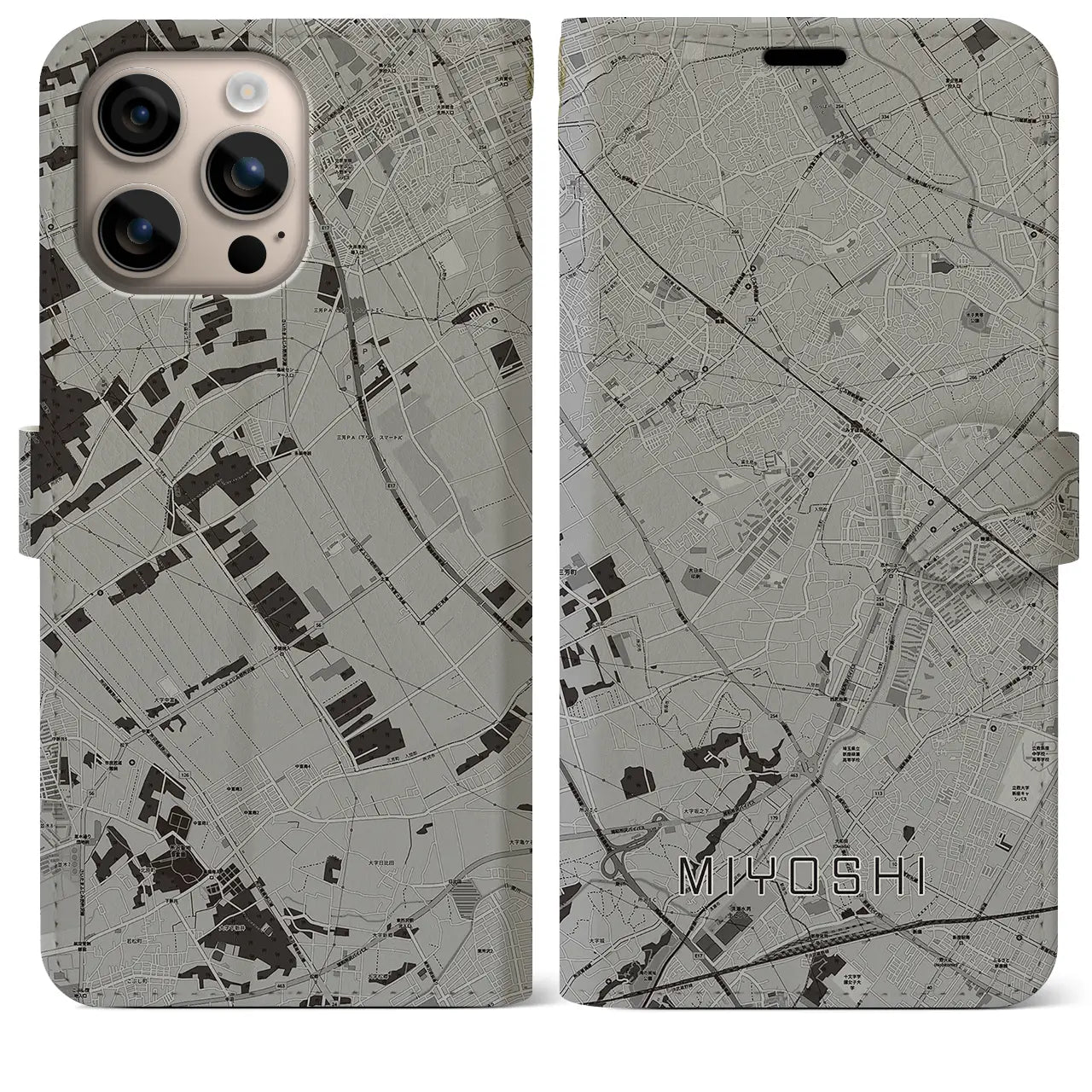 【三芳(埼玉県)】地図柄iPhoneケース(手帳タイプ)モノトーン・iPhone 16 Plus 用