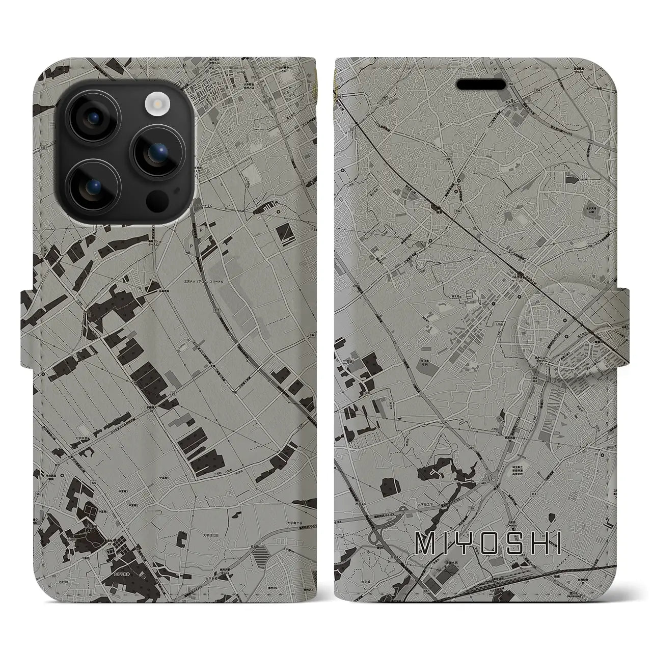 【三芳(埼玉県)】地図柄iPhoneケース(手帳タイプ)モノトーン・iPhone 16 用