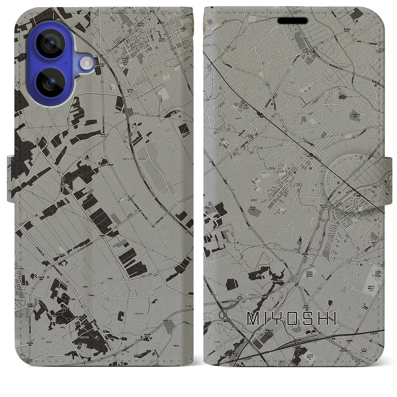【三芳(埼玉県)】地図柄iPhoneケース(手帳タイプ)モノトーン・iPhone 16 Pro Max 用