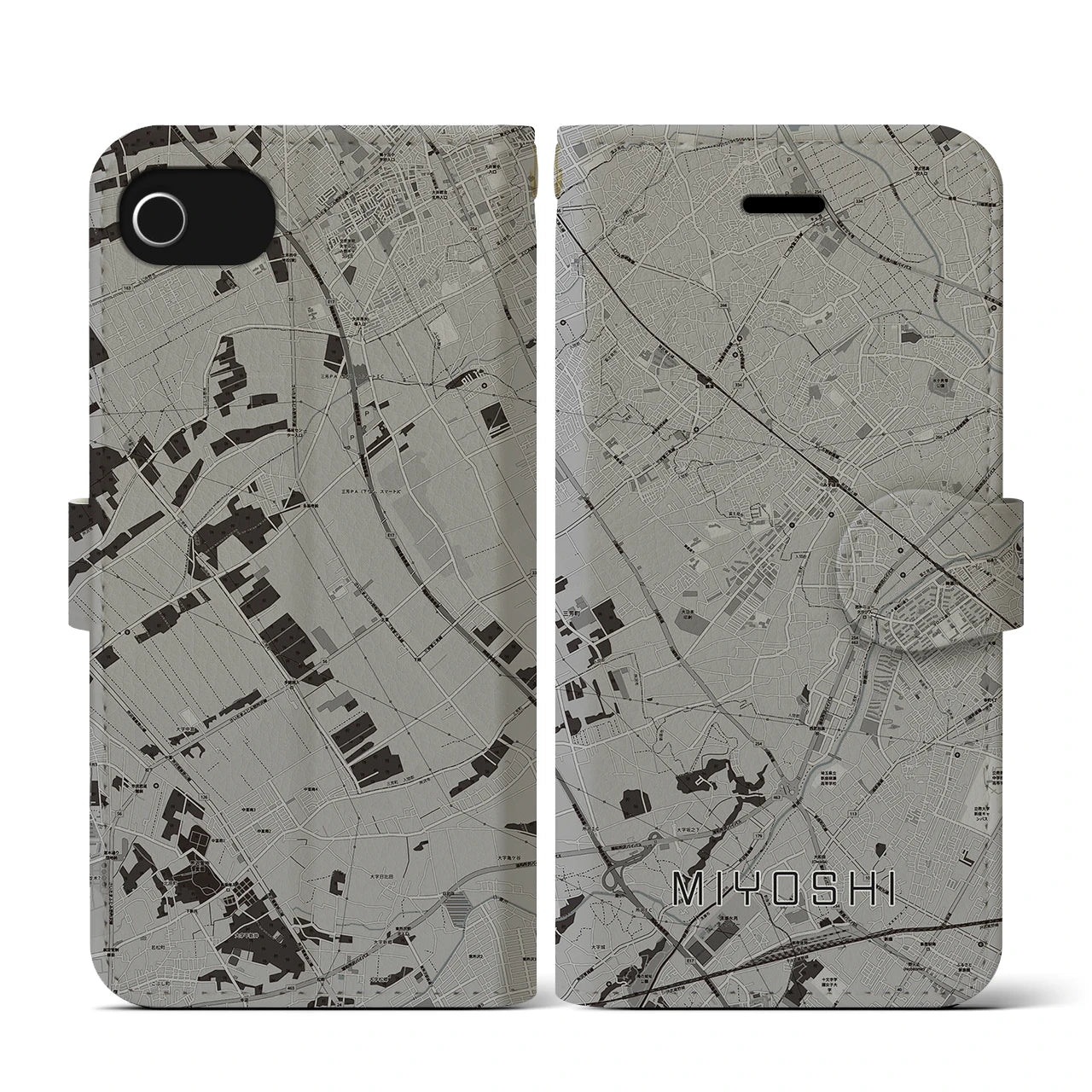 【三芳(埼玉県)】地図柄iPhoneケース(手帳タイプ)モノトーン・iPhone SE(第3 / 第2世代) / 8 / 7 / 6s / 6 用