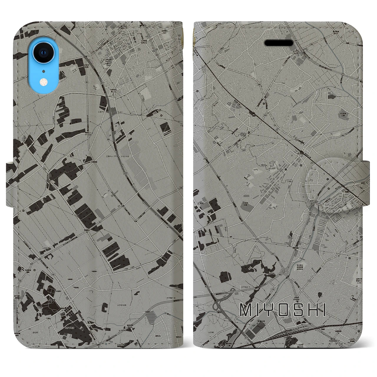 【三芳(埼玉県)】地図柄iPhoneケース(手帳タイプ)モノトーン・iPhone XR 用