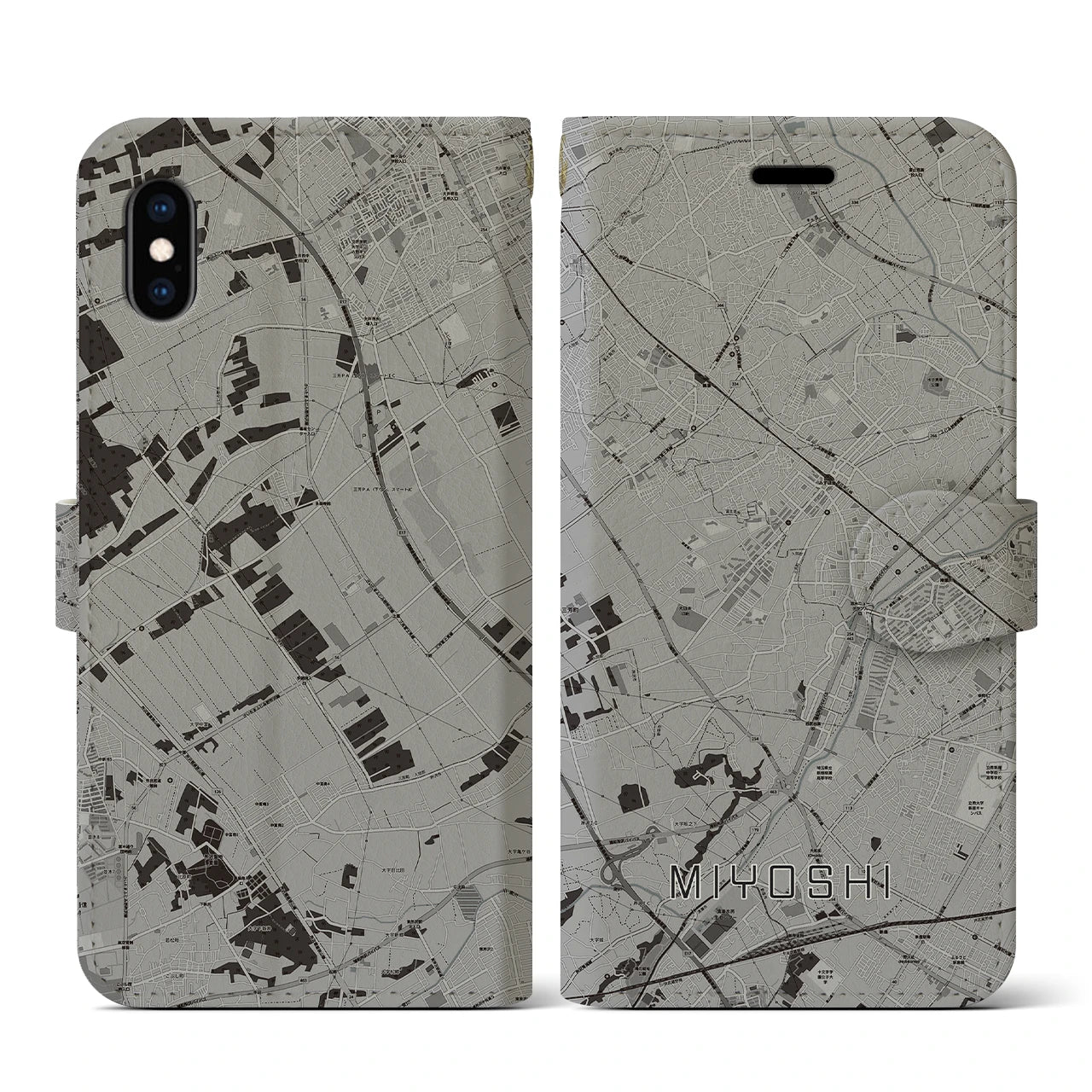 【三芳(埼玉県)】地図柄iPhoneケース(手帳タイプ)モノトーン・iPhone XS / X 用