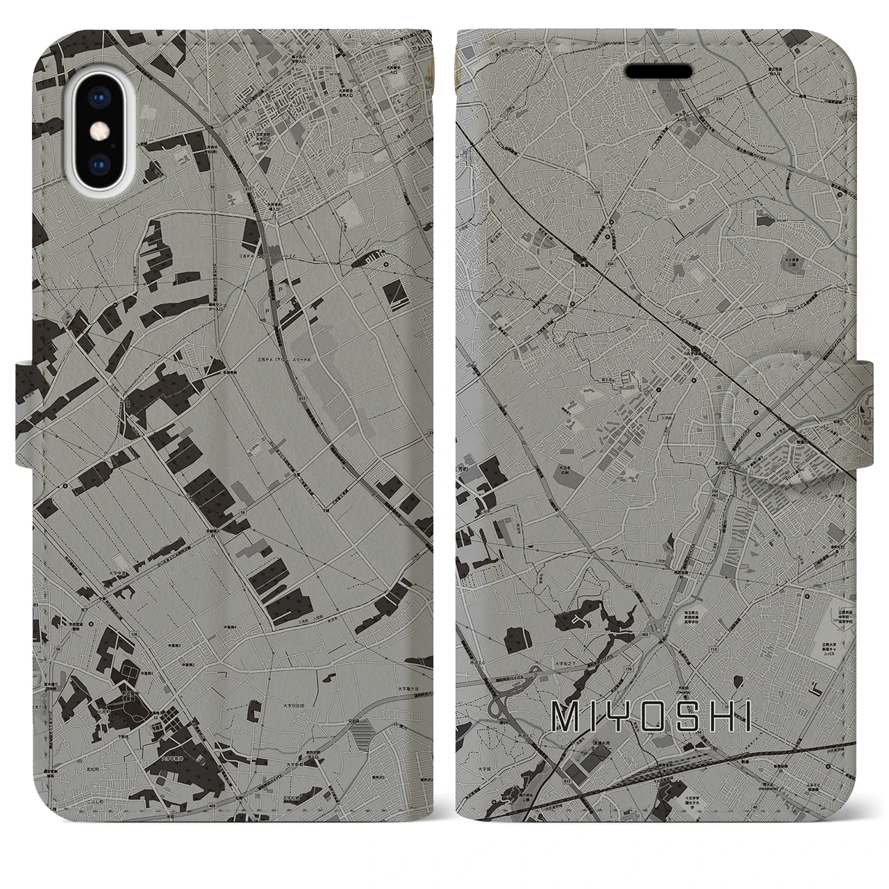 【三芳(埼玉県)】地図柄iPhoneケース(手帳タイプ)モノトーン・iPhone XS Max 用
