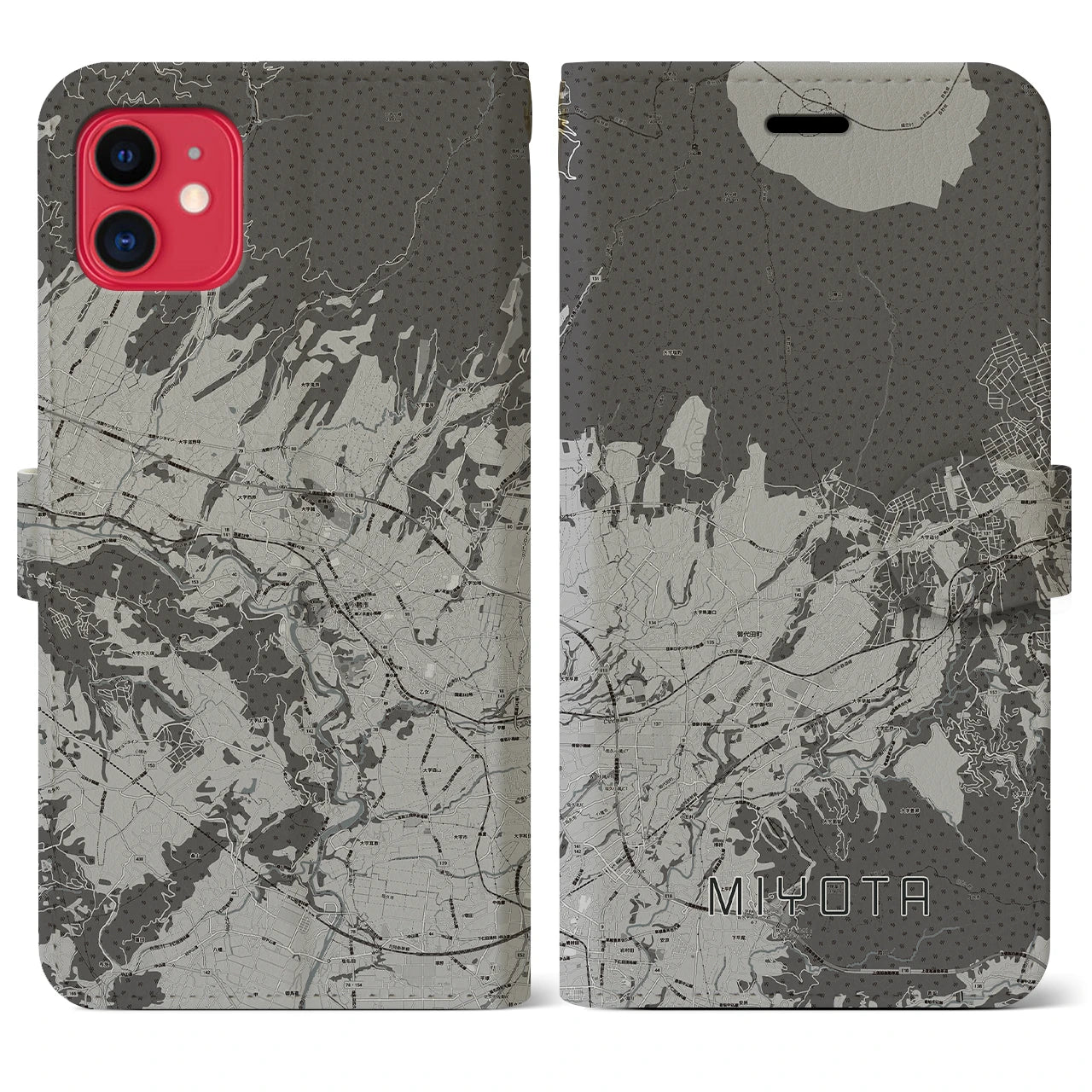 【御代田(長野県)】地図柄iPhoneケース(手帳タイプ)モノトーン・iPhone 11 用