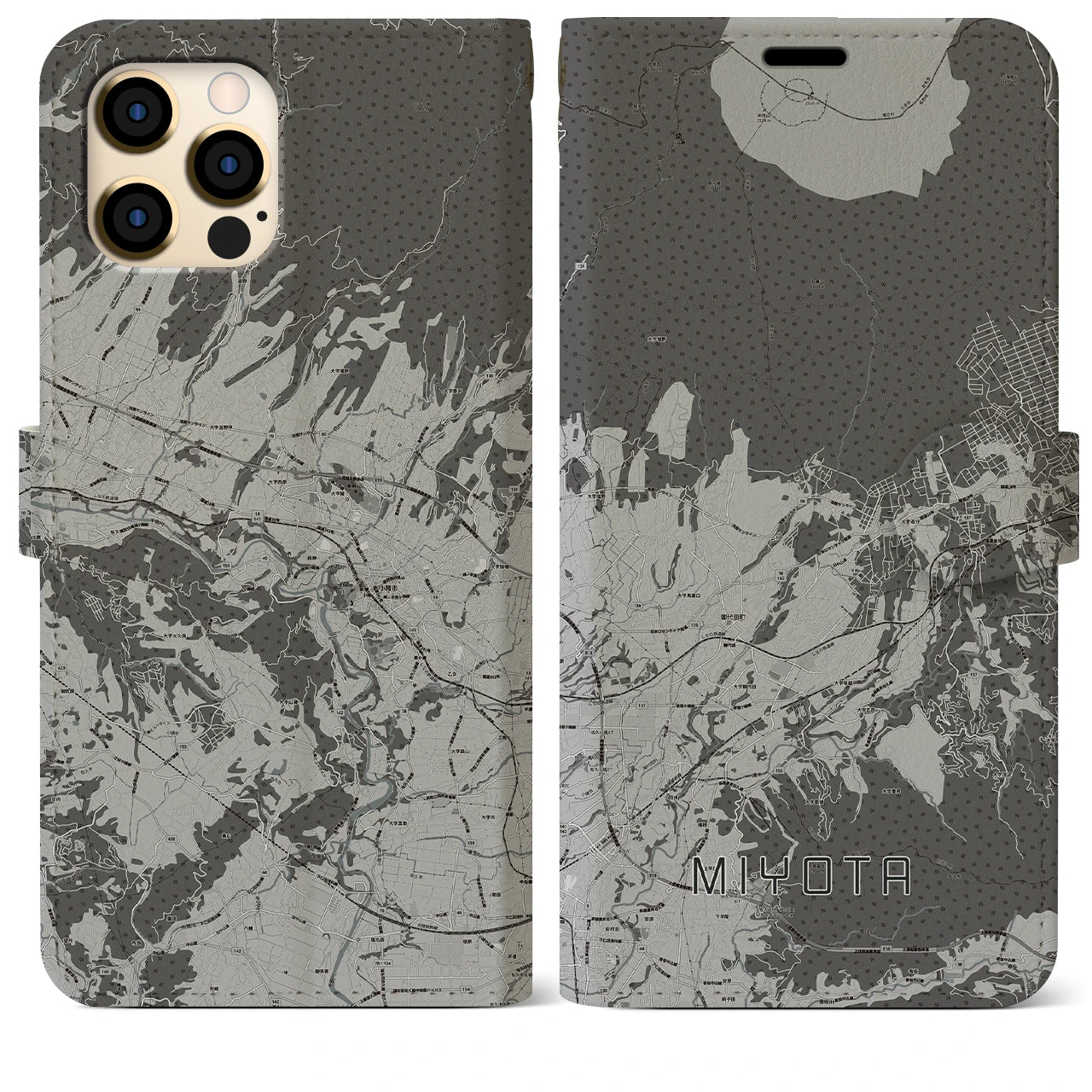 【御代田(長野県)】地図柄iPhoneケース(手帳タイプ)モノトーン・iPhone 12 Pro Max 用