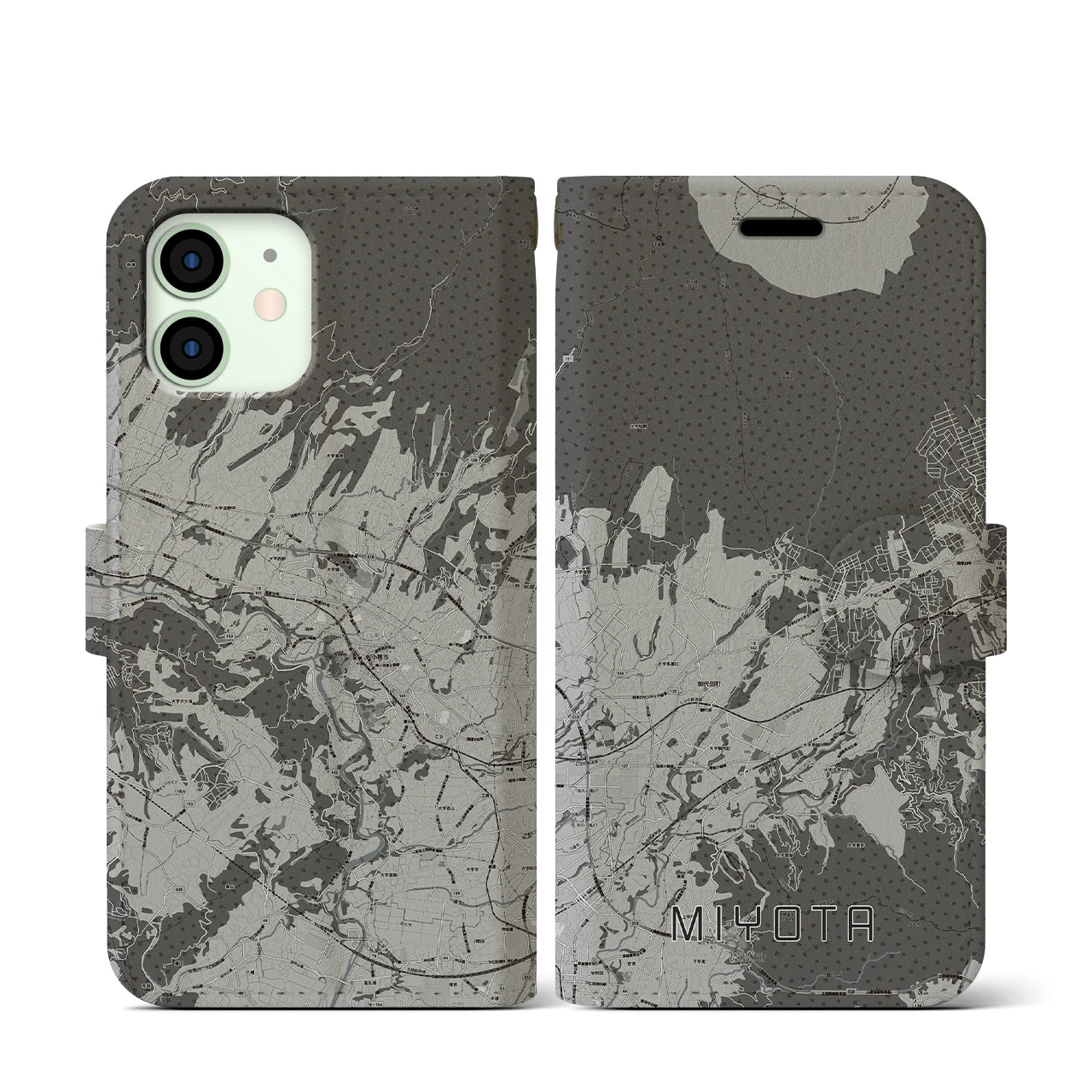 【御代田(長野県)】地図柄iPhoneケース(手帳タイプ)モノトーン・iPhone 12 mini 用