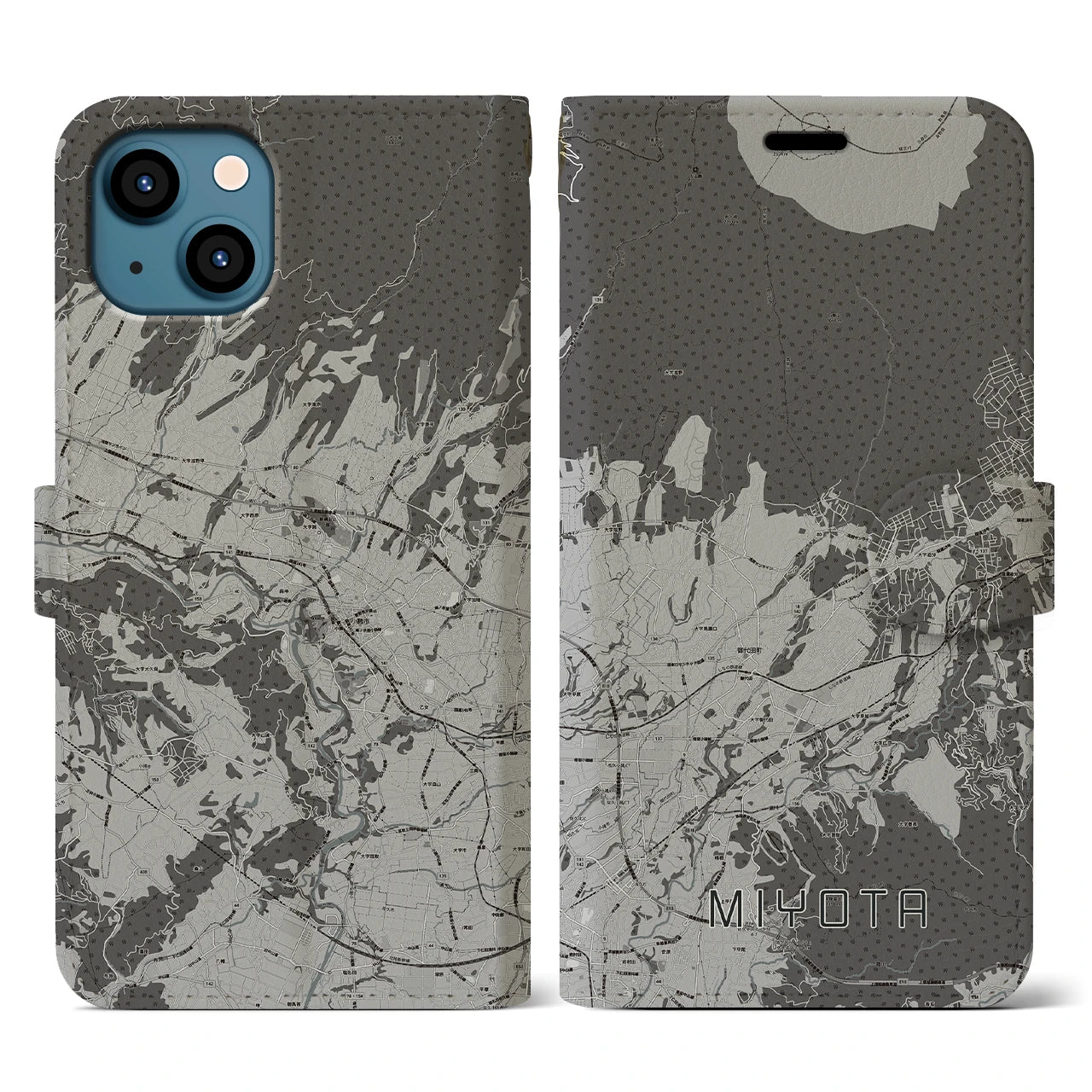 【御代田(長野県)】地図柄iPhoneケース(手帳タイプ)モノトーン・iPhone 13 用