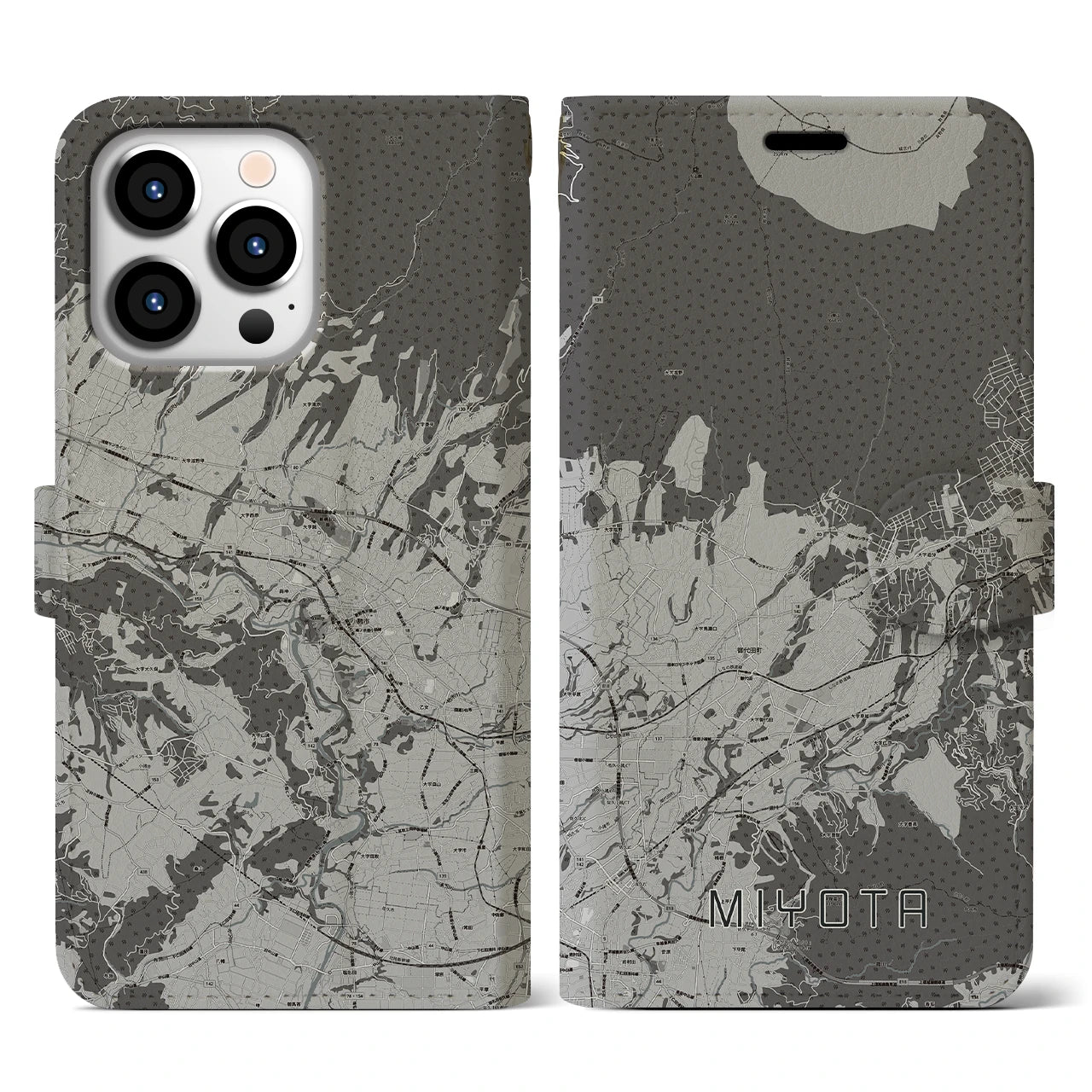 【御代田(長野県)】地図柄iPhoneケース(手帳タイプ)モノトーン・iPhone 13 Pro 用