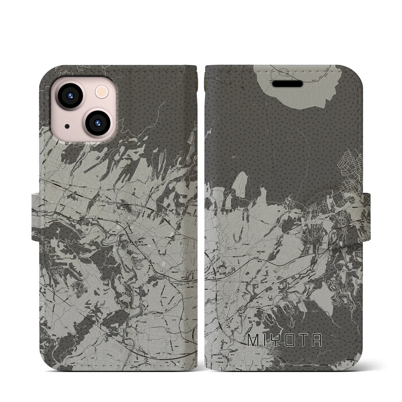 【御代田(長野県)】地図柄iPhoneケース(手帳タイプ)モノトーン・iPhone 13 mini 用