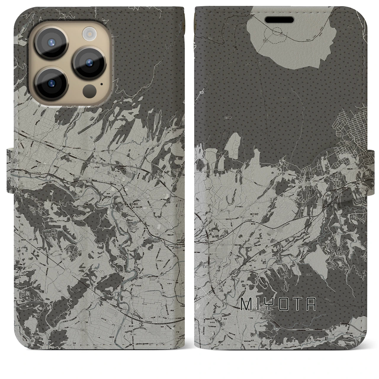 【御代田(長野県)】地図柄iPhoneケース(手帳タイプ)モノトーン・iPhone 14 Pro Max 用