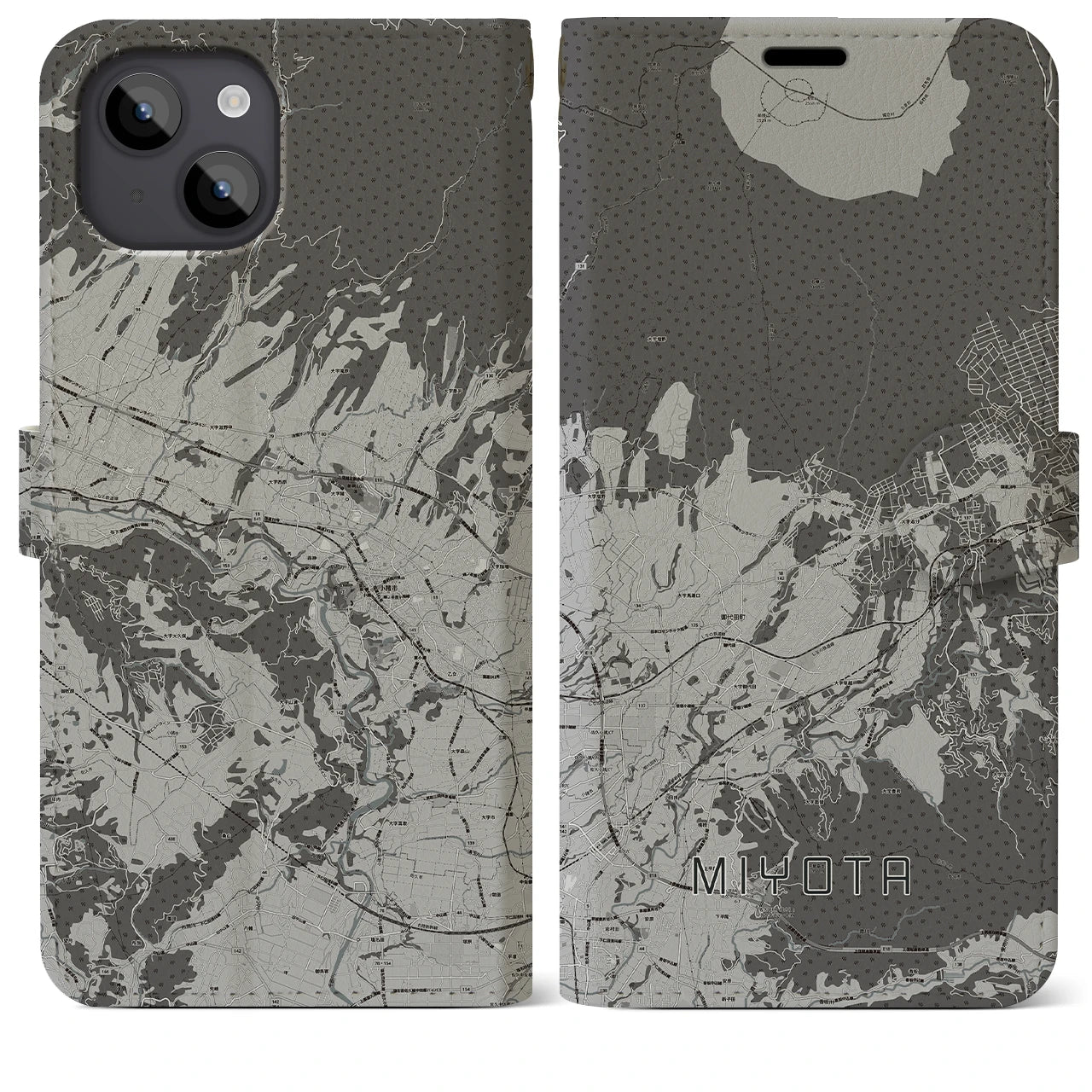 【御代田(長野県)】地図柄iPhoneケース(手帳タイプ)モノトーン・iPhone 14 Plus 用