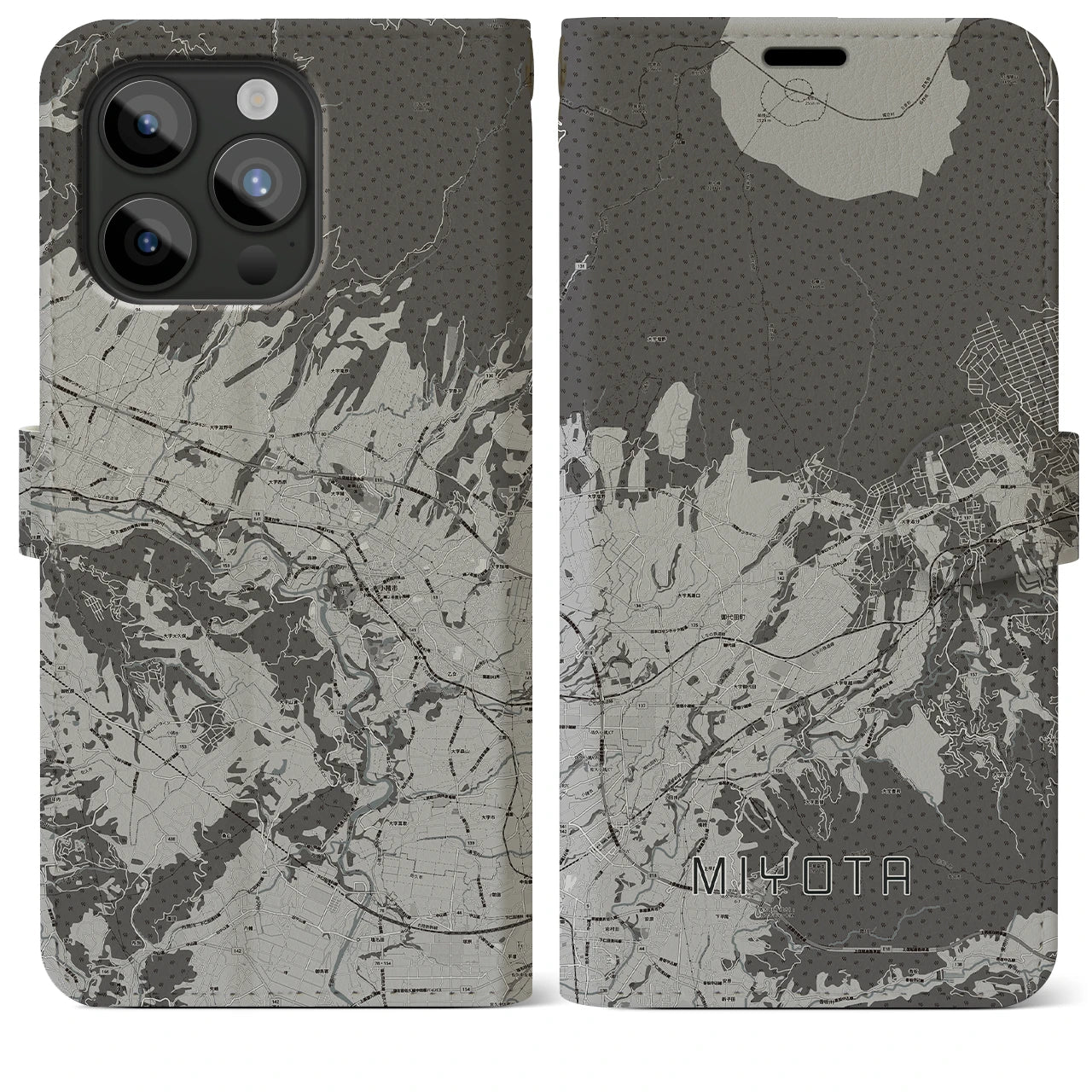 【御代田(長野県)】地図柄iPhoneケース(手帳タイプ)モノトーン・iPhone 15 Pro Max 用