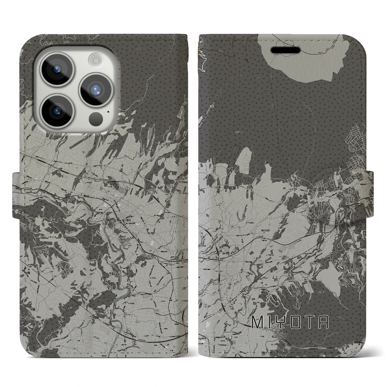 【御代田(長野県)】地図柄iPhoneケース(手帳タイプ)モノトーン・iPhone 15 Pro 用