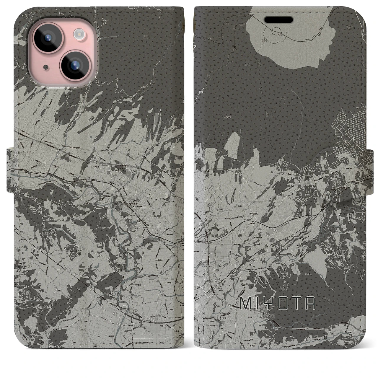 【御代田(長野県)】地図柄iPhoneケース(手帳タイプ)モノトーン・iPhone 15 Plus 用