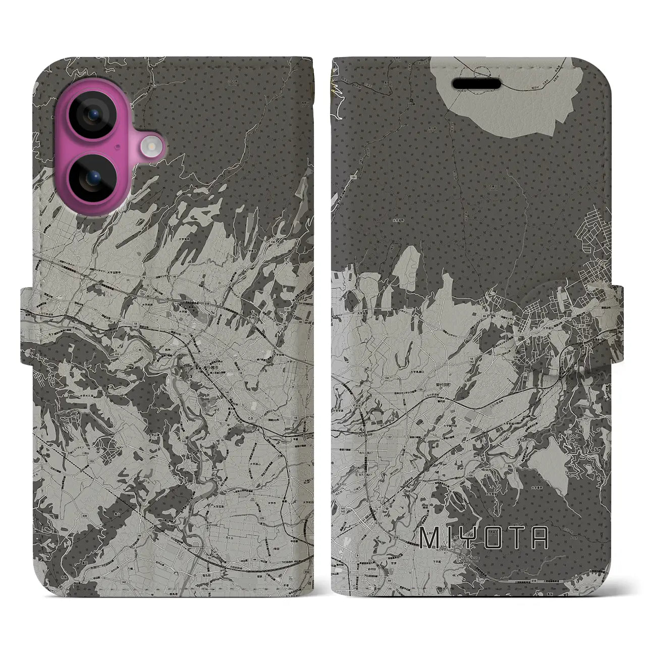 【御代田(長野県)】地図柄iPhoneケース(手帳タイプ)モノトーン・iPhone 16 Pro 用