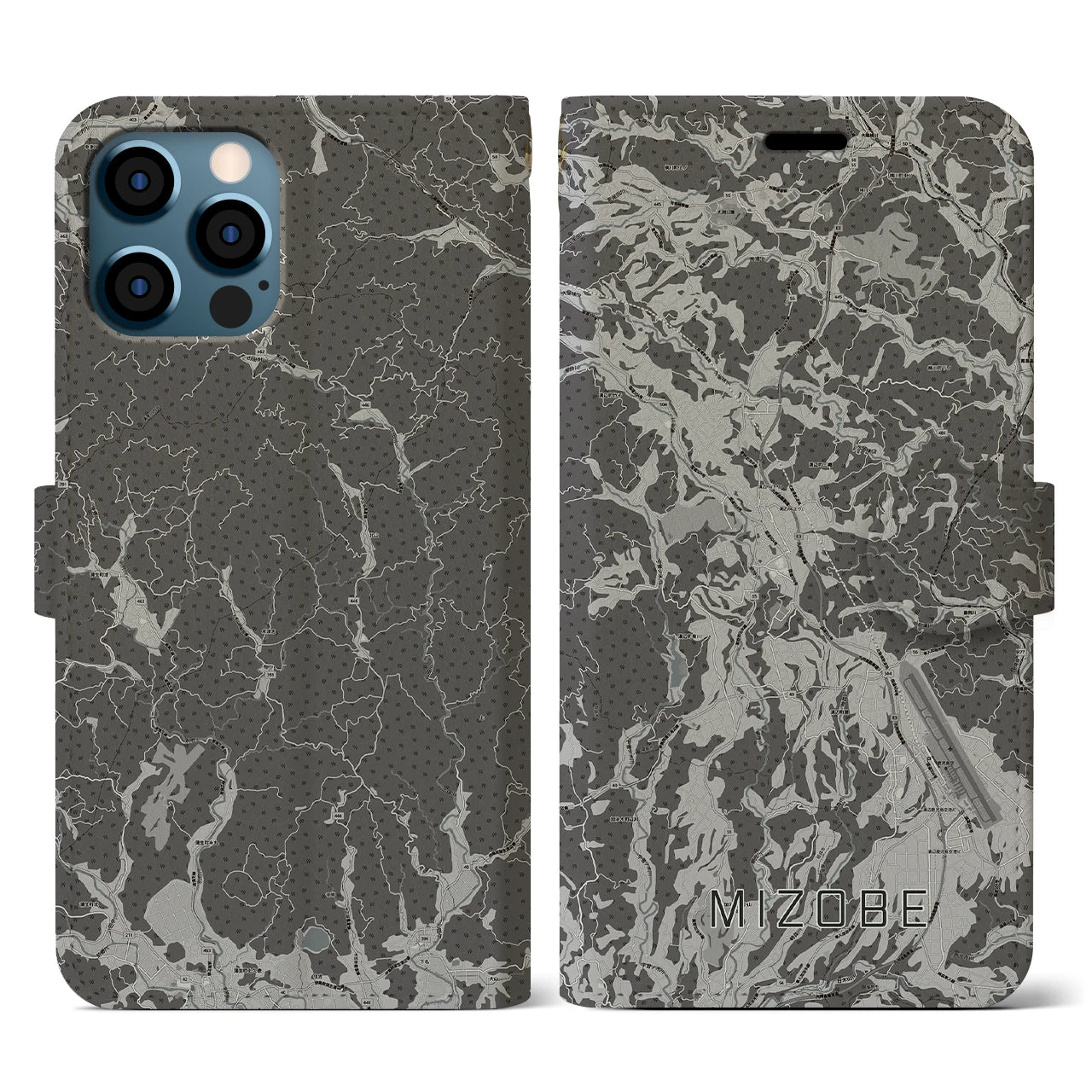【溝辺(鹿児島県)】地図柄iPhoneケース(手帳タイプ)モノトーン・iPhone 12 / 12 Pro 用