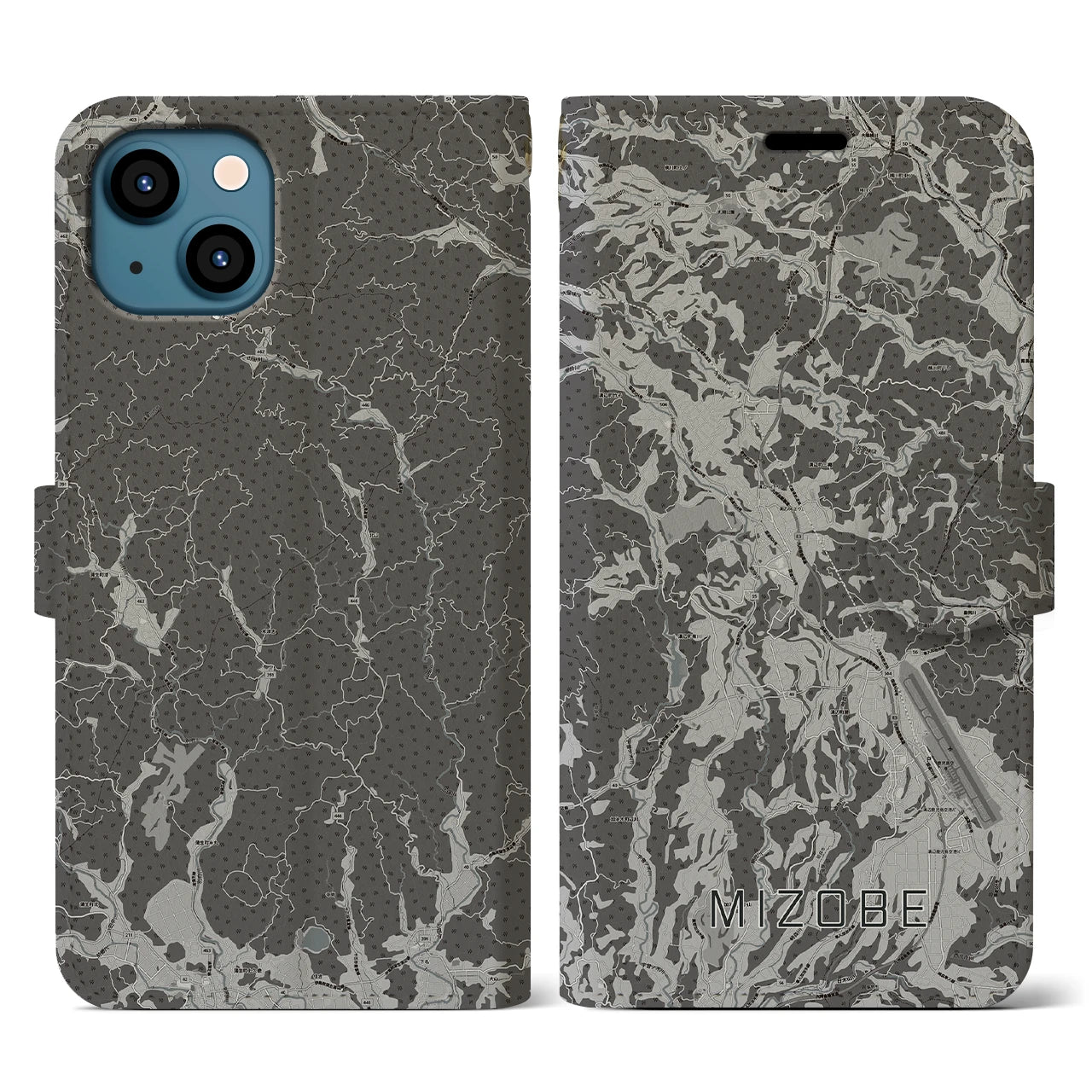 【溝辺(鹿児島県)】地図柄iPhoneケース(手帳タイプ)モノトーン・iPhone 13 用
