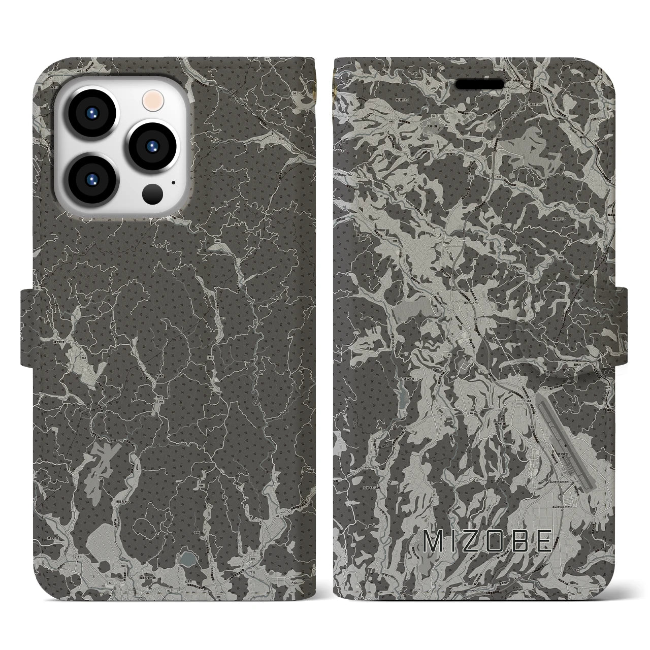 【溝辺(鹿児島県)】地図柄iPhoneケース(手帳タイプ)モノトーン・iPhone 13 Pro 用