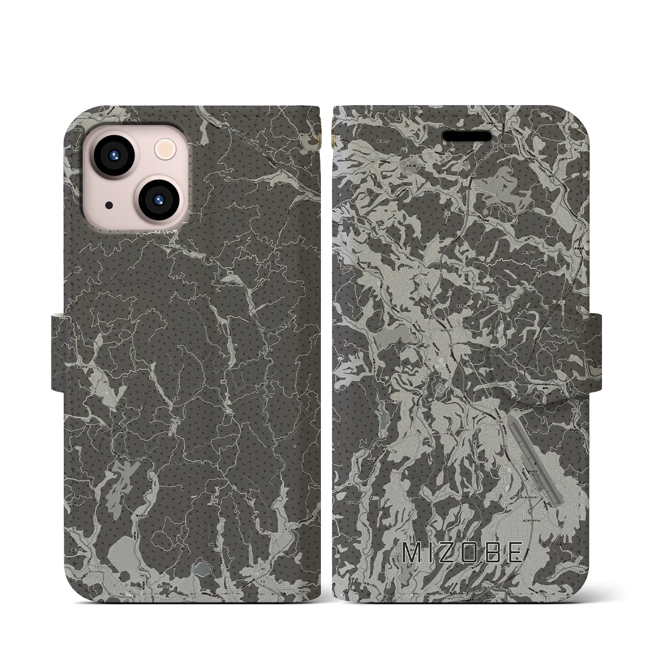 【溝辺(鹿児島県)】地図柄iPhoneケース(手帳タイプ)モノトーン・iPhone 13 mini 用