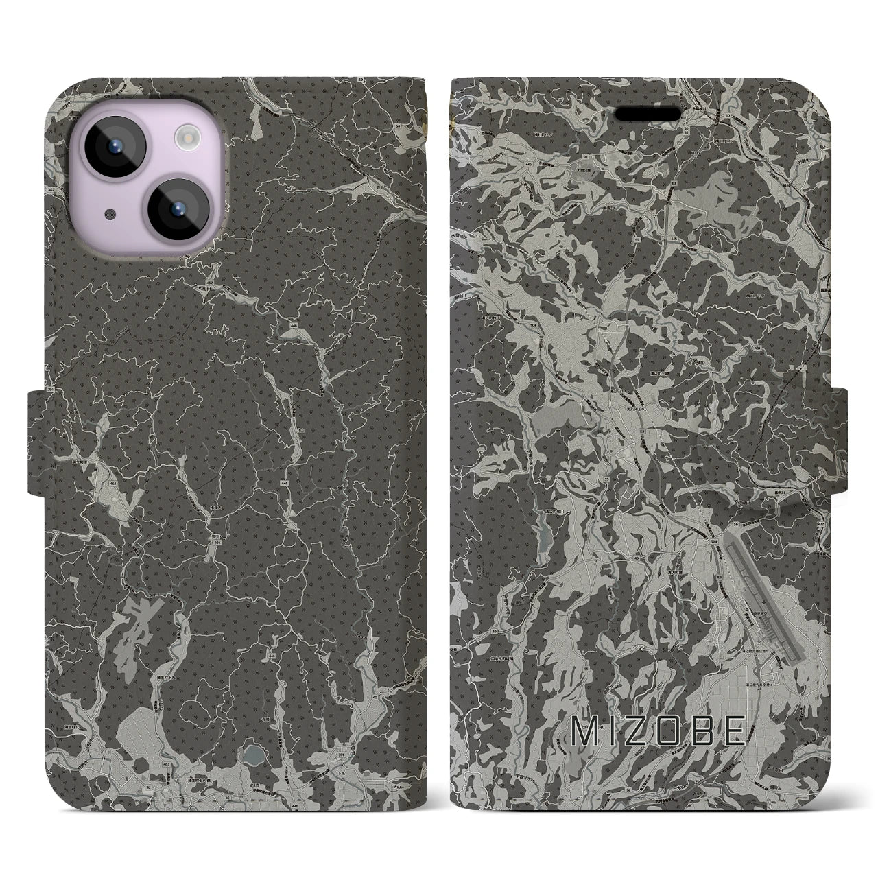 【溝辺(鹿児島県)】地図柄iPhoneケース(手帳タイプ)モノトーン・iPhone 14 用