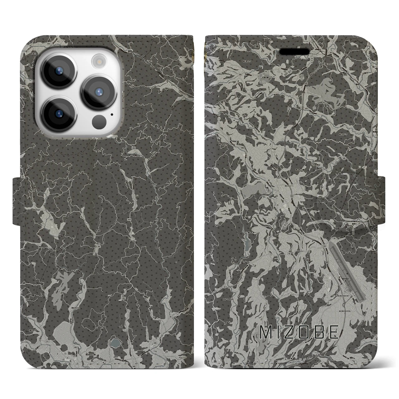 【溝辺(鹿児島県)】地図柄iPhoneケース(手帳タイプ)モノトーン・iPhone 14 Pro 用
