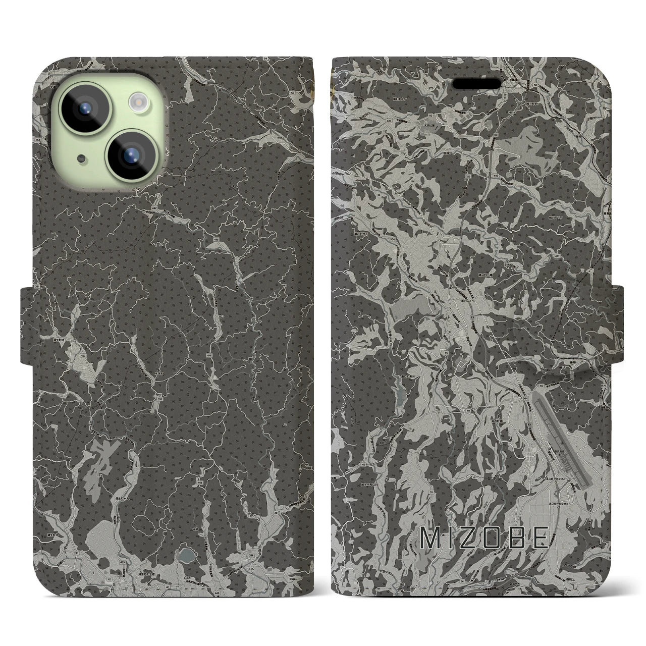 【溝辺(鹿児島県)】地図柄iPhoneケース(手帳タイプ)モノトーン・iPhone 15 用
