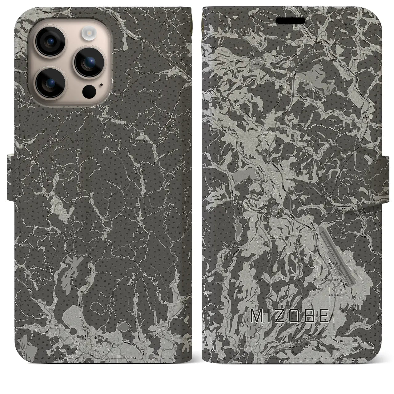 【溝辺(鹿児島県)】地図柄iPhoneケース(手帳タイプ)モノトーン・iPhone 16 Plus 用