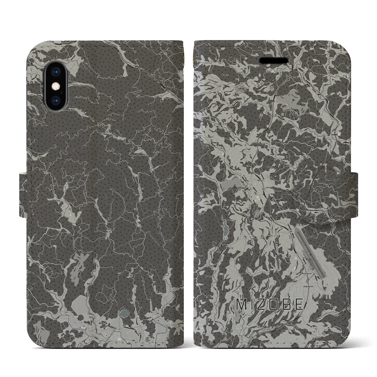【溝辺(鹿児島県)】地図柄iPhoneケース(手帳タイプ)モノトーン・iPhone XS / X 用