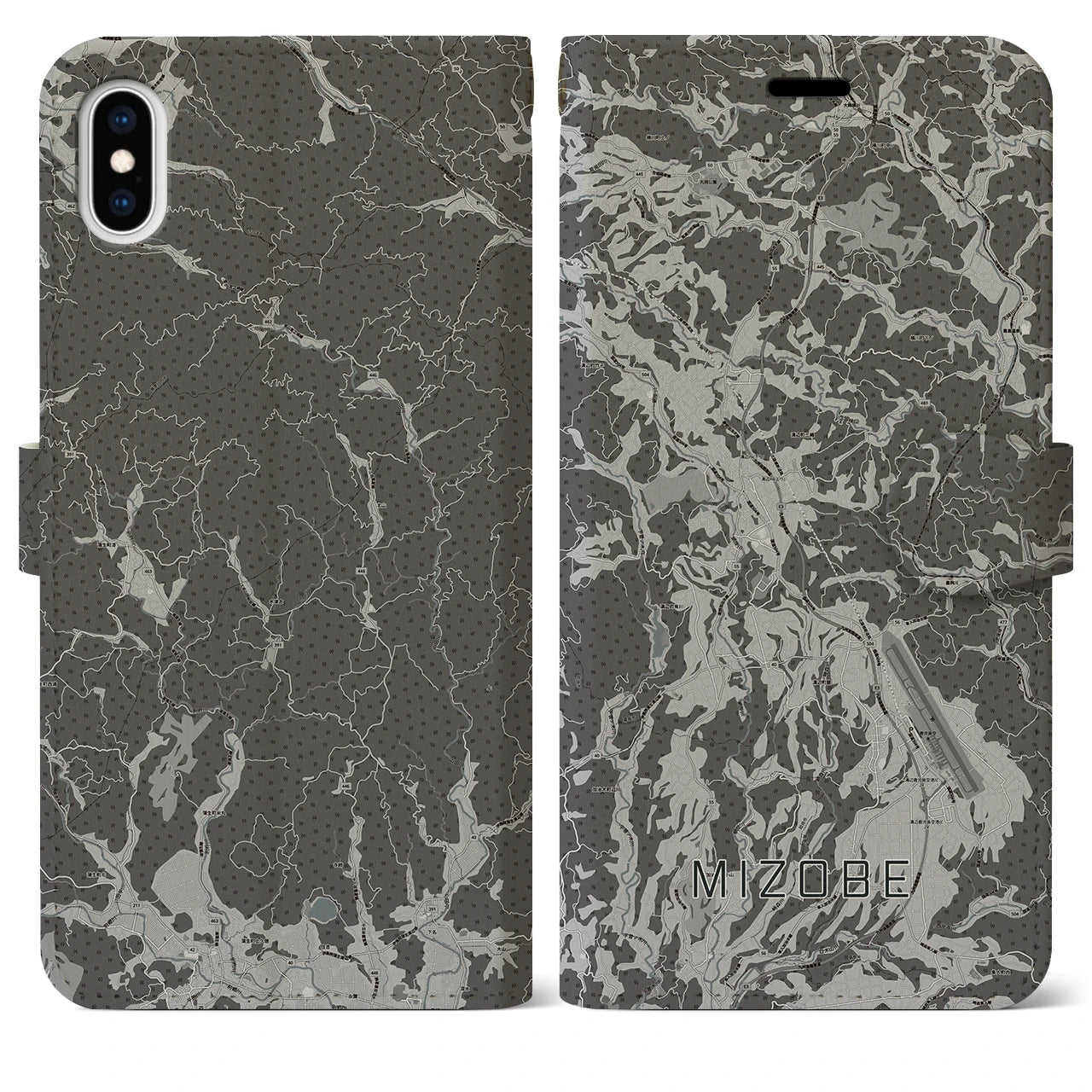 【溝辺(鹿児島県)】地図柄iPhoneケース(手帳タイプ)モノトーン・iPhone XS Max 用