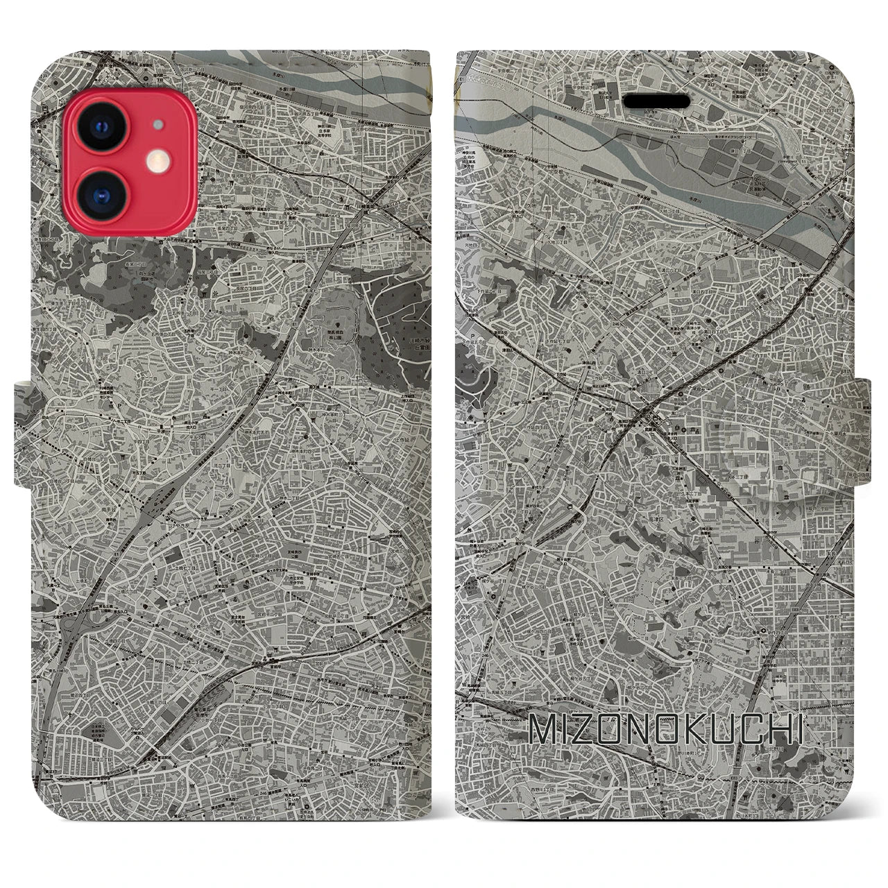 【溝の口(神奈川県)】地図柄iPhoneケース(手帳タイプ)モノトーン・iPhone 11 用