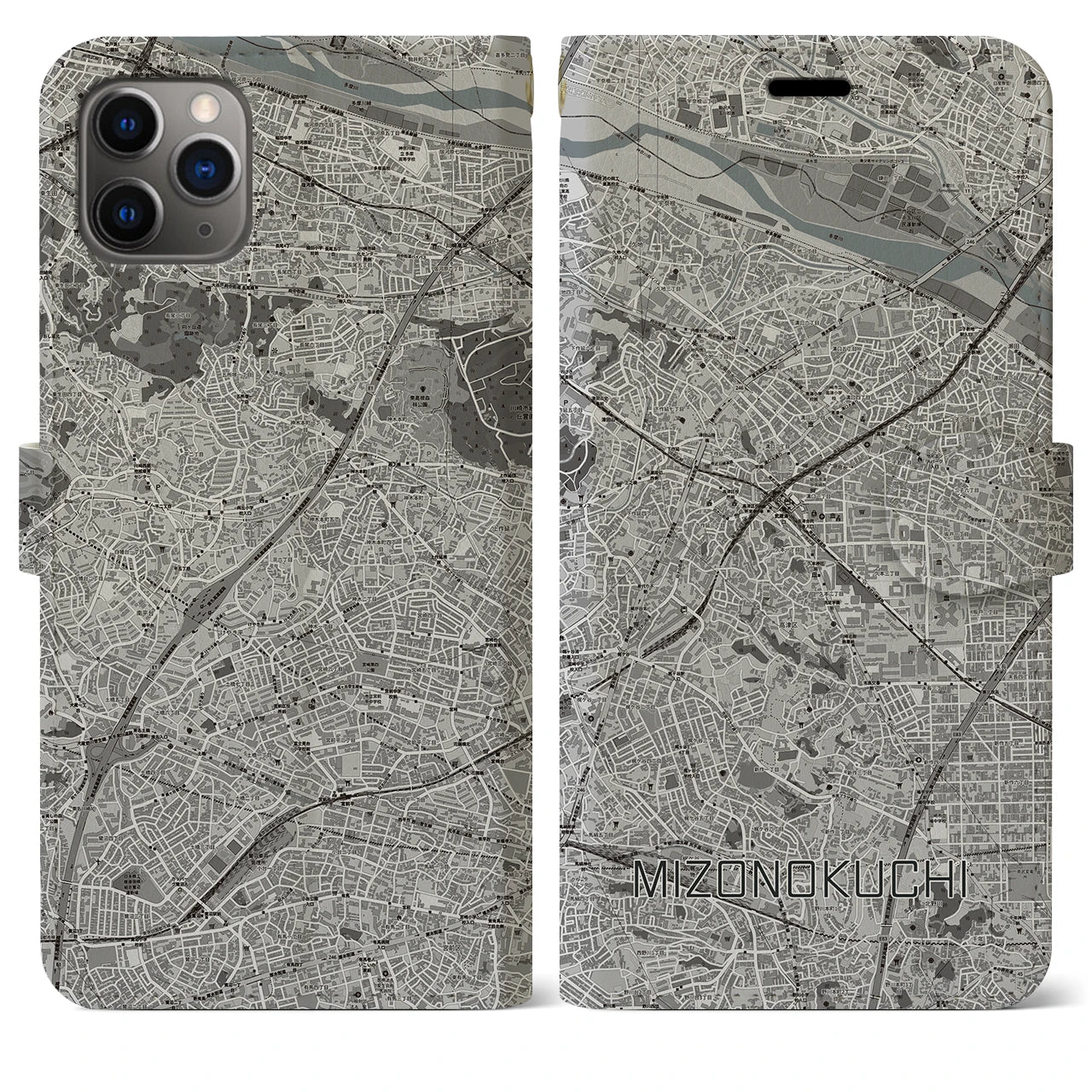 【溝の口(神奈川県)】地図柄iPhoneケース(手帳タイプ)モノトーン・iPhone 11 Pro Max 用