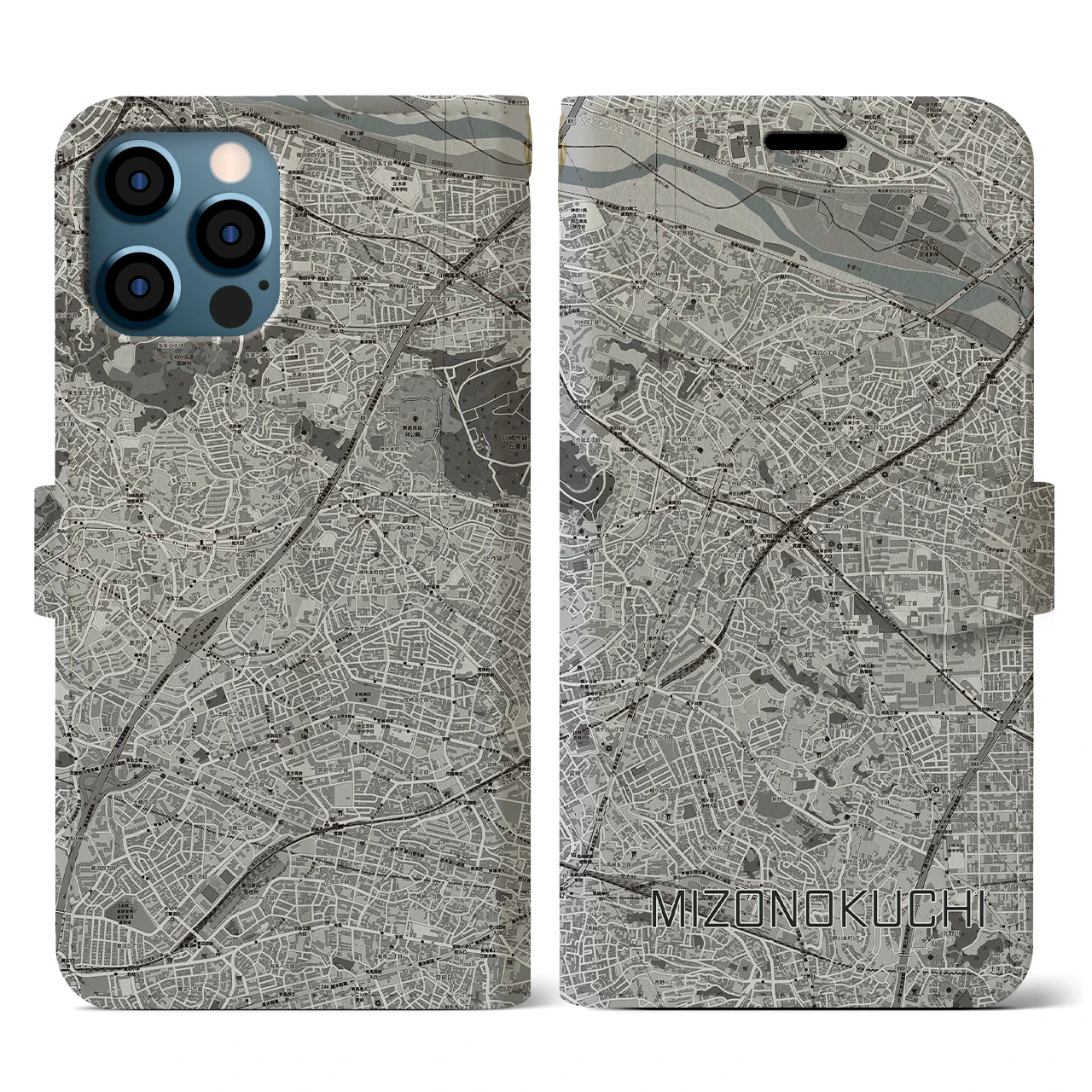 【溝の口(神奈川県)】地図柄iPhoneケース(手帳タイプ)モノトーン・iPhone 12 / 12 Pro 用