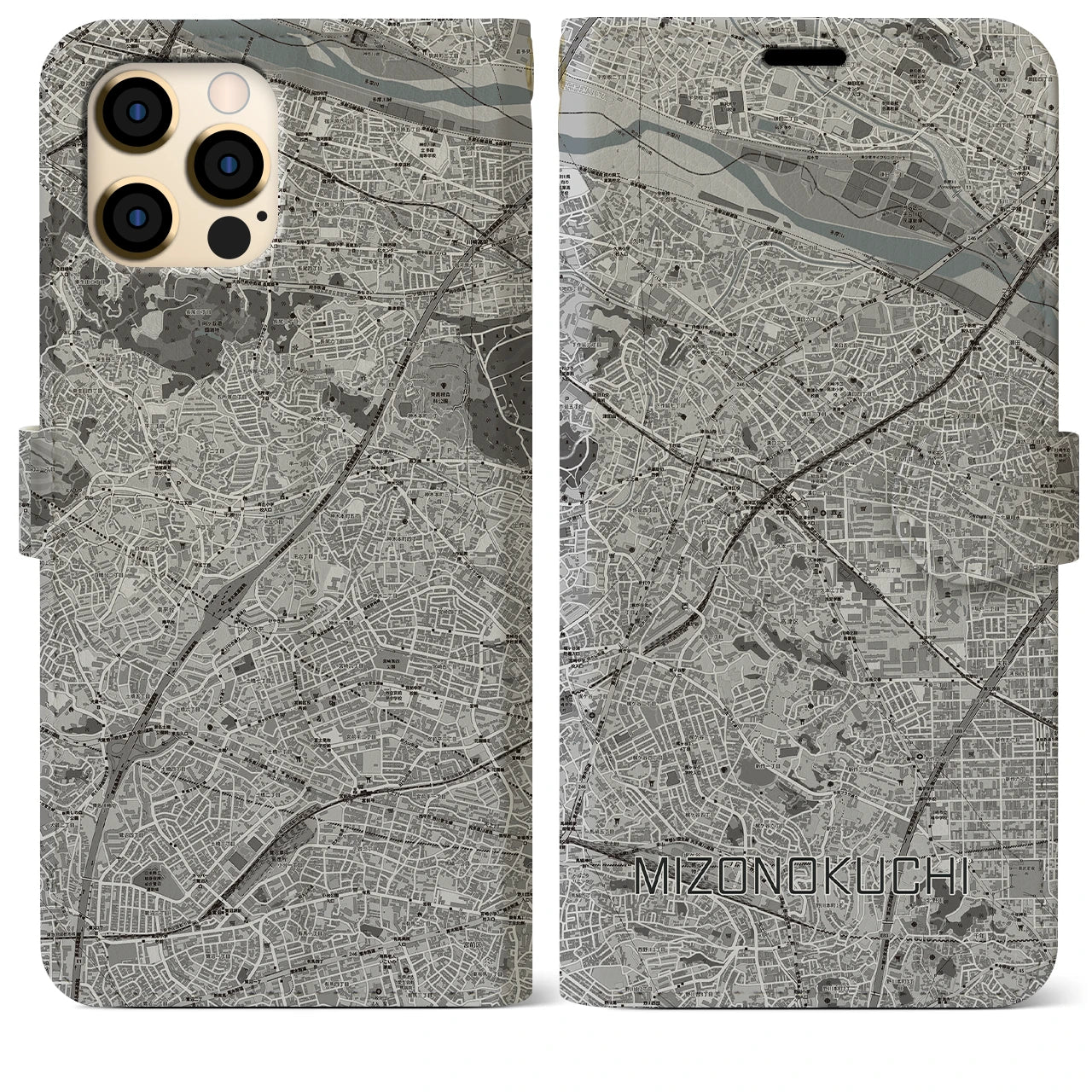【溝の口(神奈川県)】地図柄iPhoneケース(手帳タイプ)モノトーン・iPhone 12 Pro Max 用
