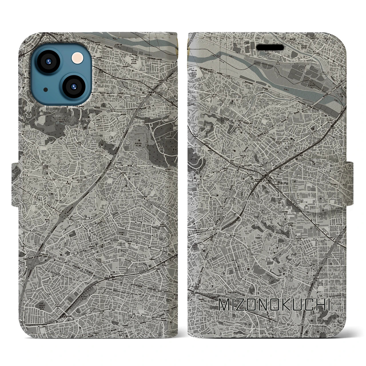 【溝の口(神奈川県)】地図柄iPhoneケース(手帳タイプ)モノトーン・iPhone 13 用