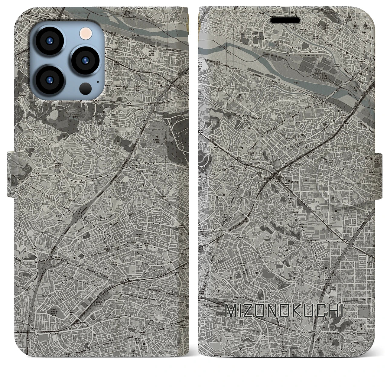 【溝の口(神奈川県)】地図柄iPhoneケース(手帳タイプ)モノトーン・iPhone 13 Pro Max 用