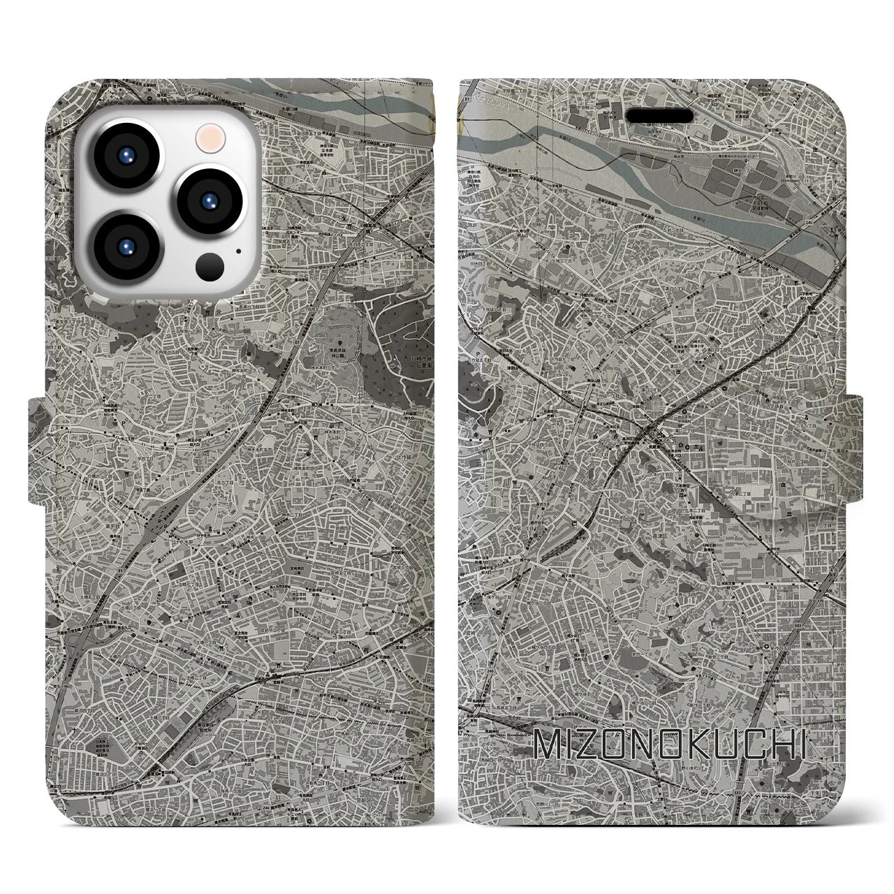 【溝の口(神奈川県)】地図柄iPhoneケース(手帳タイプ)モノトーン・iPhone 13 Pro 用