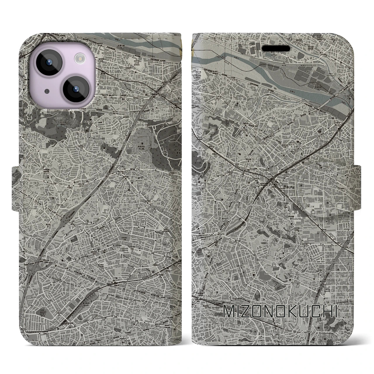 【溝の口(神奈川県)】地図柄iPhoneケース(手帳タイプ)モノトーン・iPhone 14 用