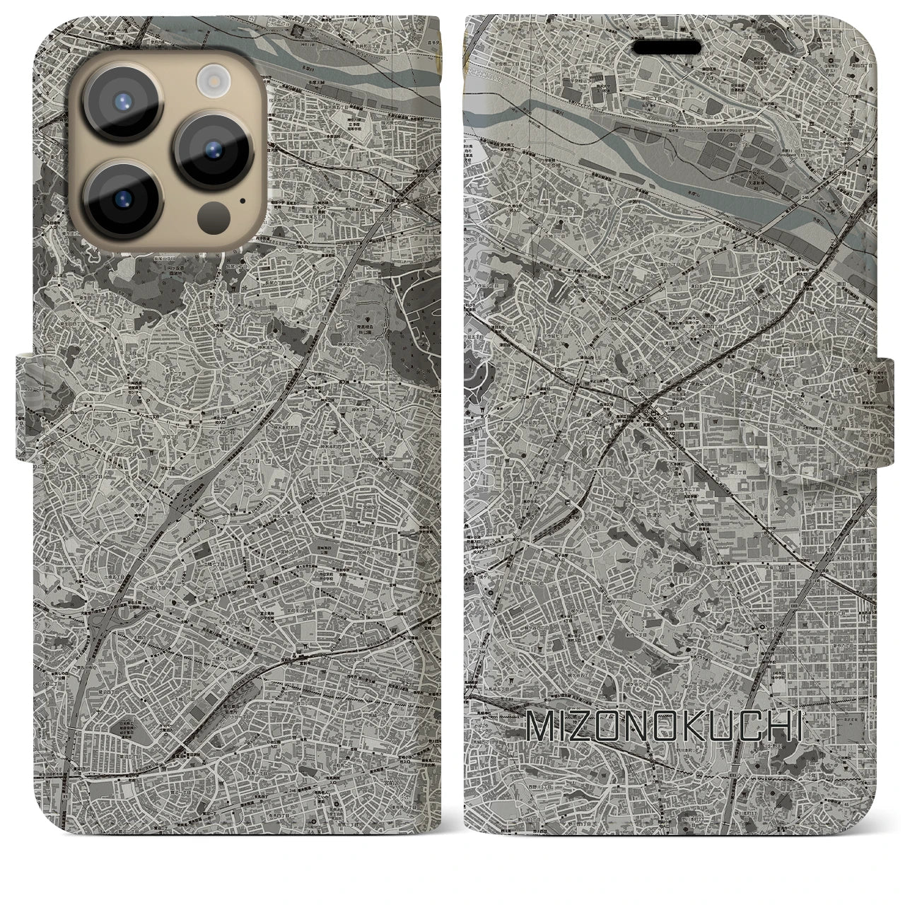 【溝の口(神奈川県)】地図柄iPhoneケース(手帳タイプ)モノトーン・iPhone 14 Pro Max 用
