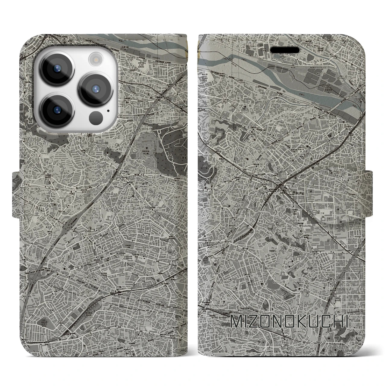 【溝の口(神奈川県)】地図柄iPhoneケース(手帳タイプ)モノトーン・iPhone 14 Pro 用