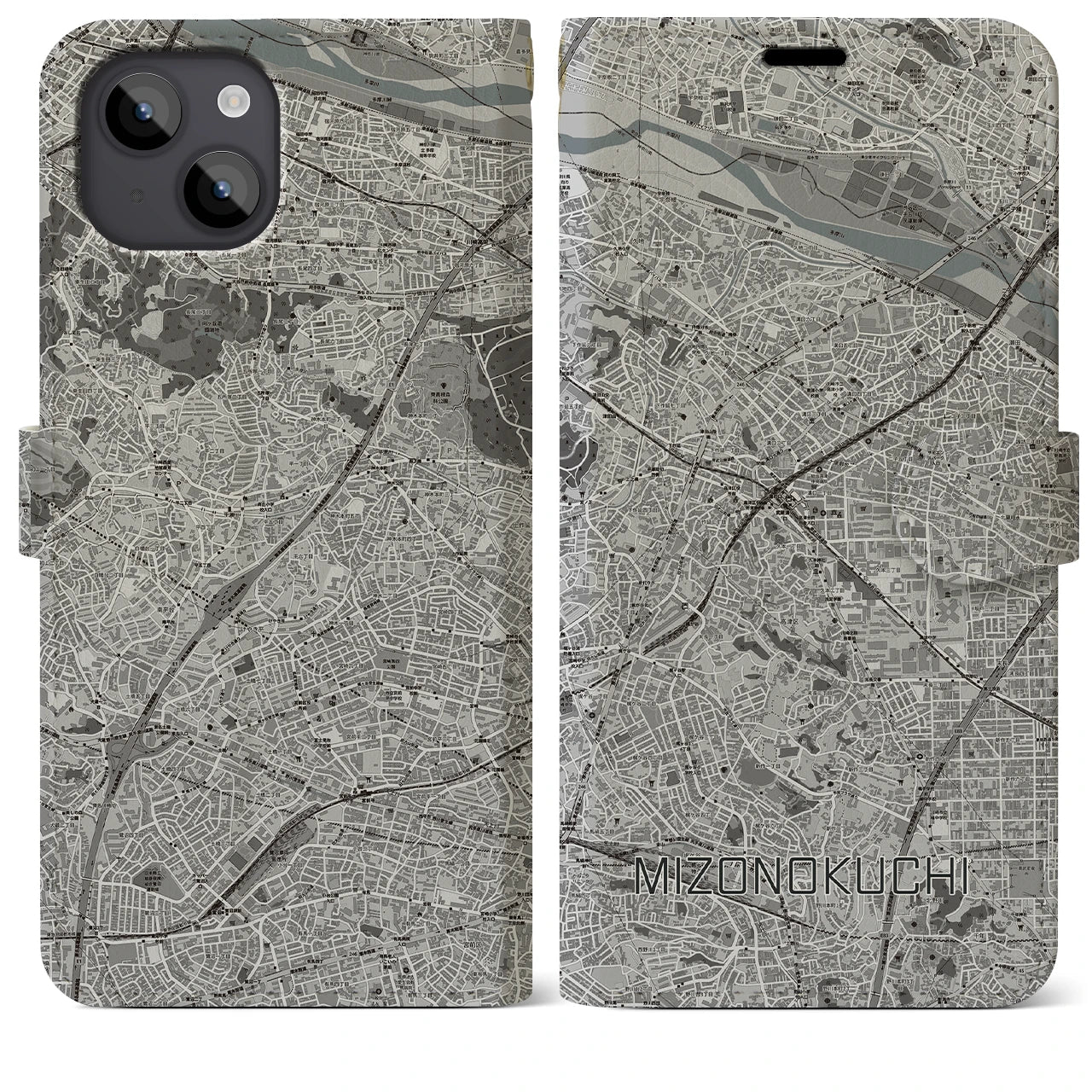 【溝の口(神奈川県)】地図柄iPhoneケース(手帳タイプ)モノトーン・iPhone 14 Plus 用