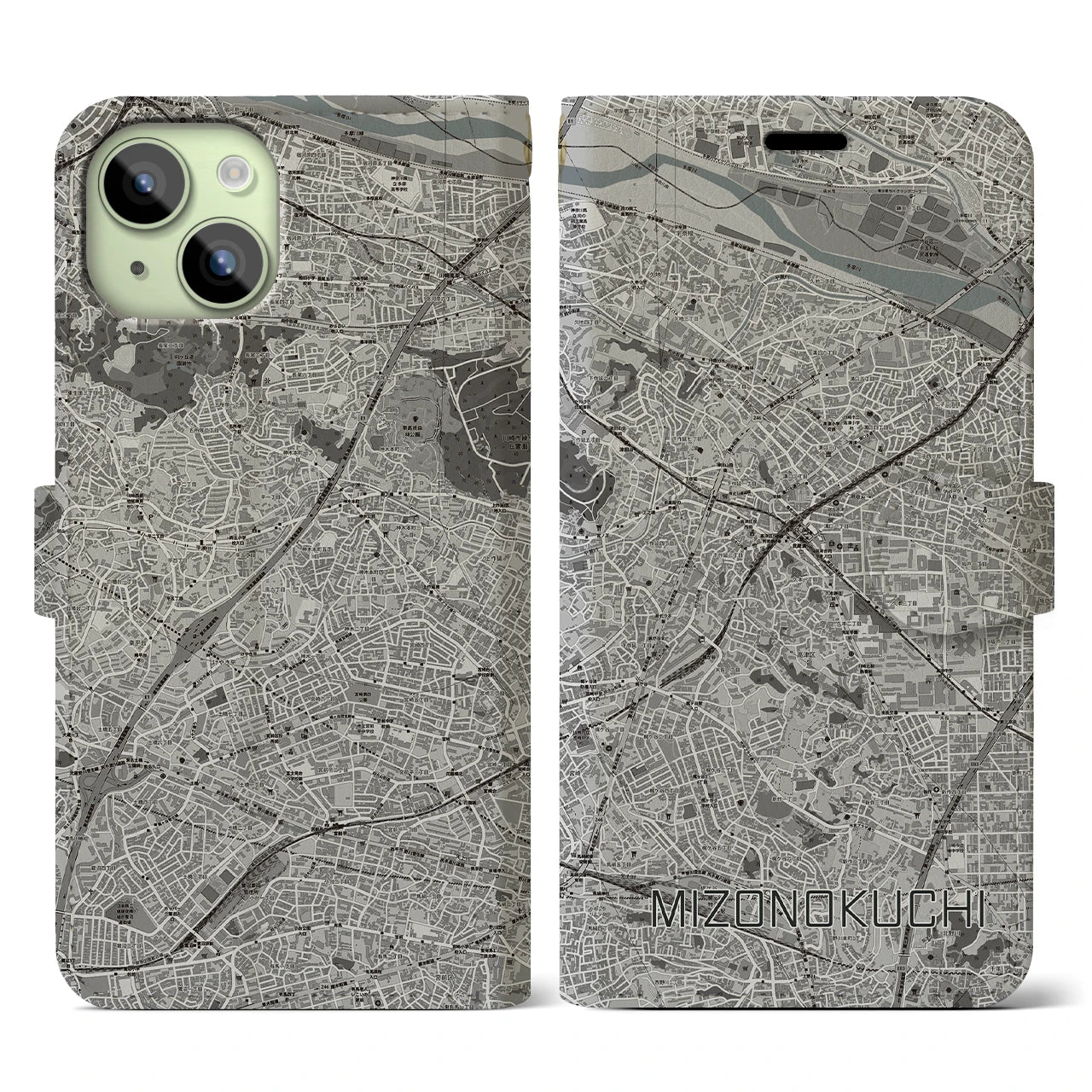【溝の口(神奈川県)】地図柄iPhoneケース(手帳タイプ)モノトーン・iPhone 15 用