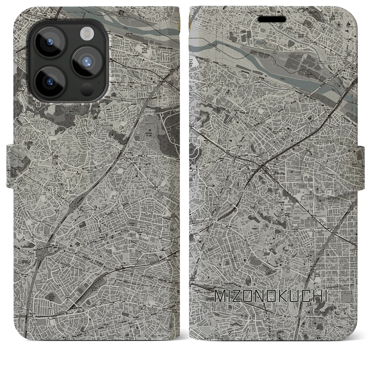【溝の口(神奈川県)】地図柄iPhoneケース(手帳タイプ)モノトーン・iPhone 15 Pro Max 用