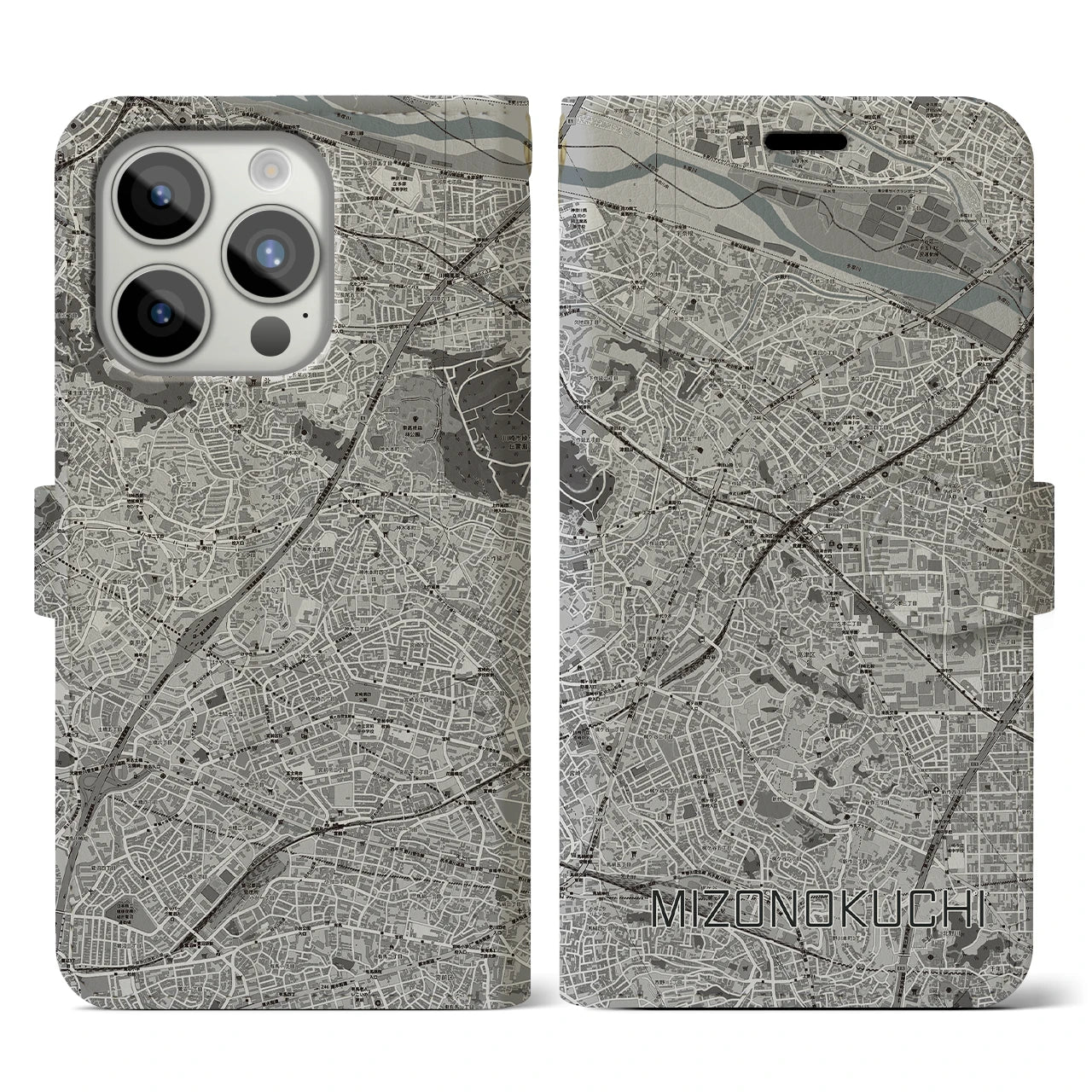 【溝の口(神奈川県)】地図柄iPhoneケース(手帳タイプ)モノトーン・iPhone 15 Pro 用