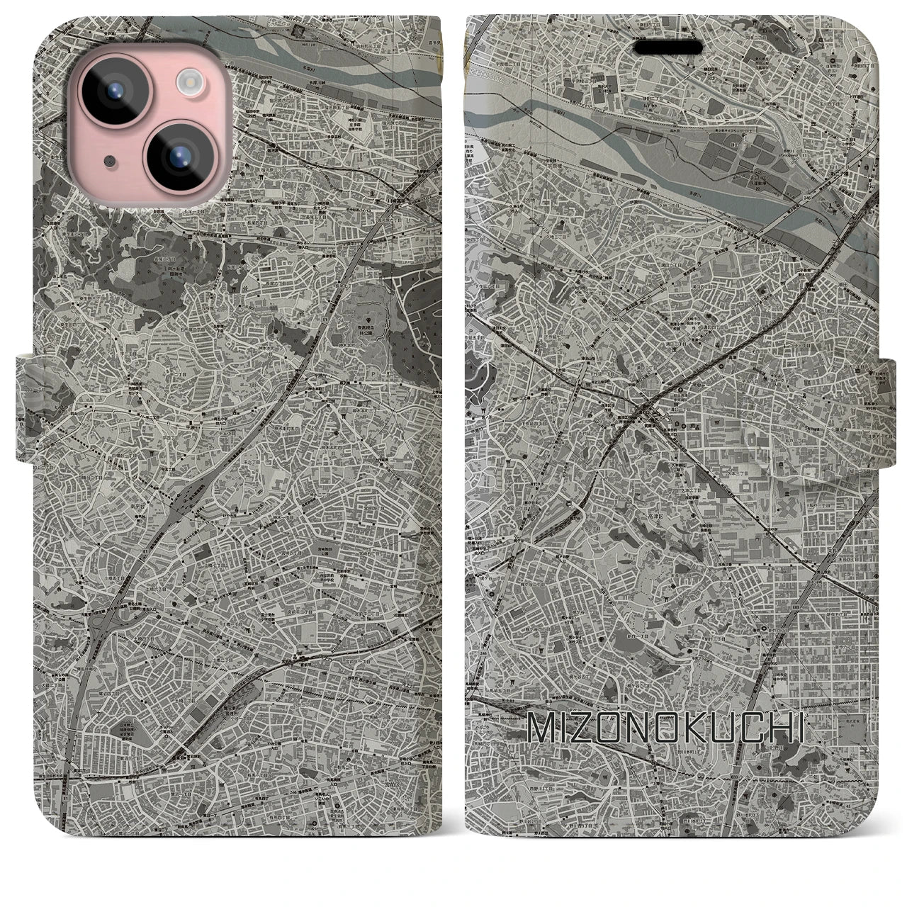 【溝の口(神奈川県)】地図柄iPhoneケース(手帳タイプ)モノトーン・iPhone 15 Plus 用