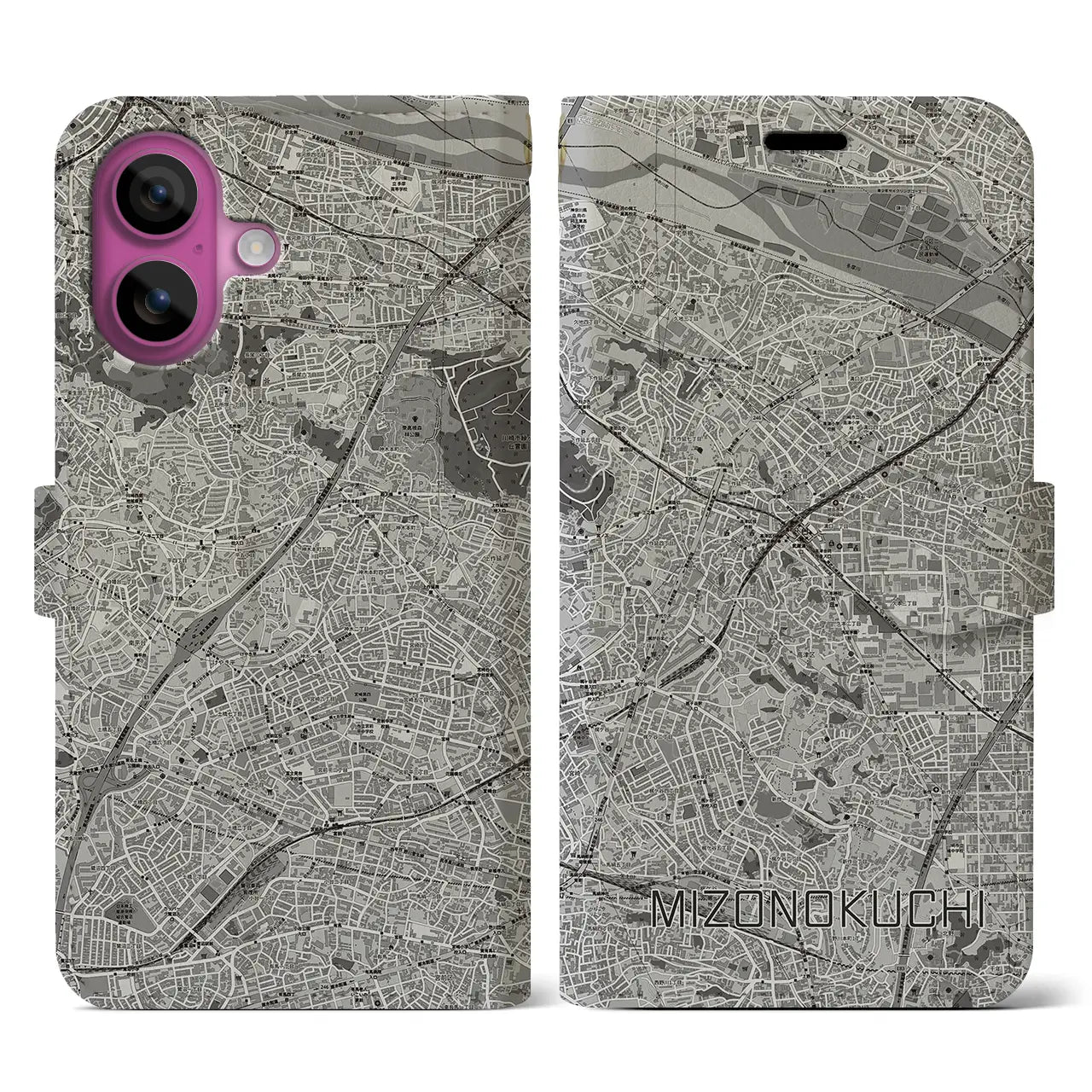 【溝の口(神奈川県)】地図柄iPhoneケース(手帳タイプ)モノトーン・iPhone 16 Pro 用