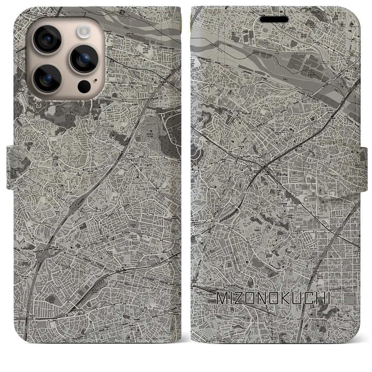 【溝の口(神奈川県)】地図柄iPhoneケース(手帳タイプ)モノトーン・iPhone 16 Plus 用
