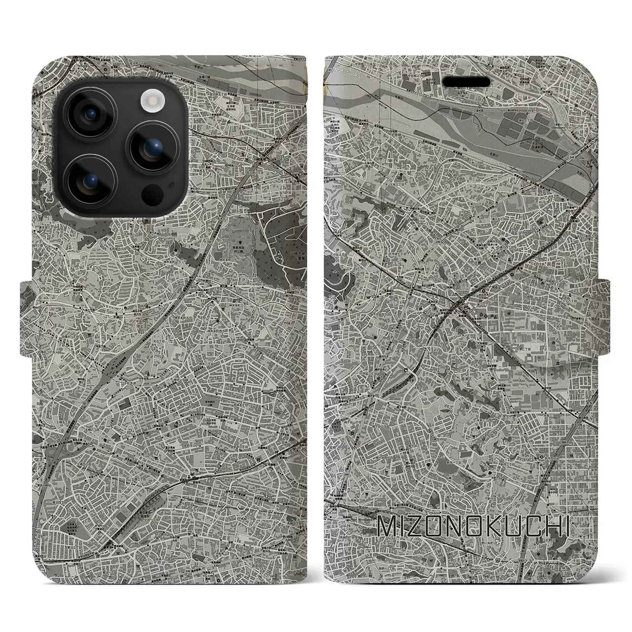 【溝の口(神奈川県)】地図柄iPhoneケース(手帳タイプ)モノトーン・iPhone 16 用