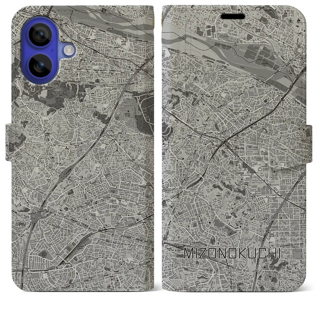 【溝の口(神奈川県)】地図柄iPhoneケース(手帳タイプ)モノトーン・iPhone 16 Pro Max 用