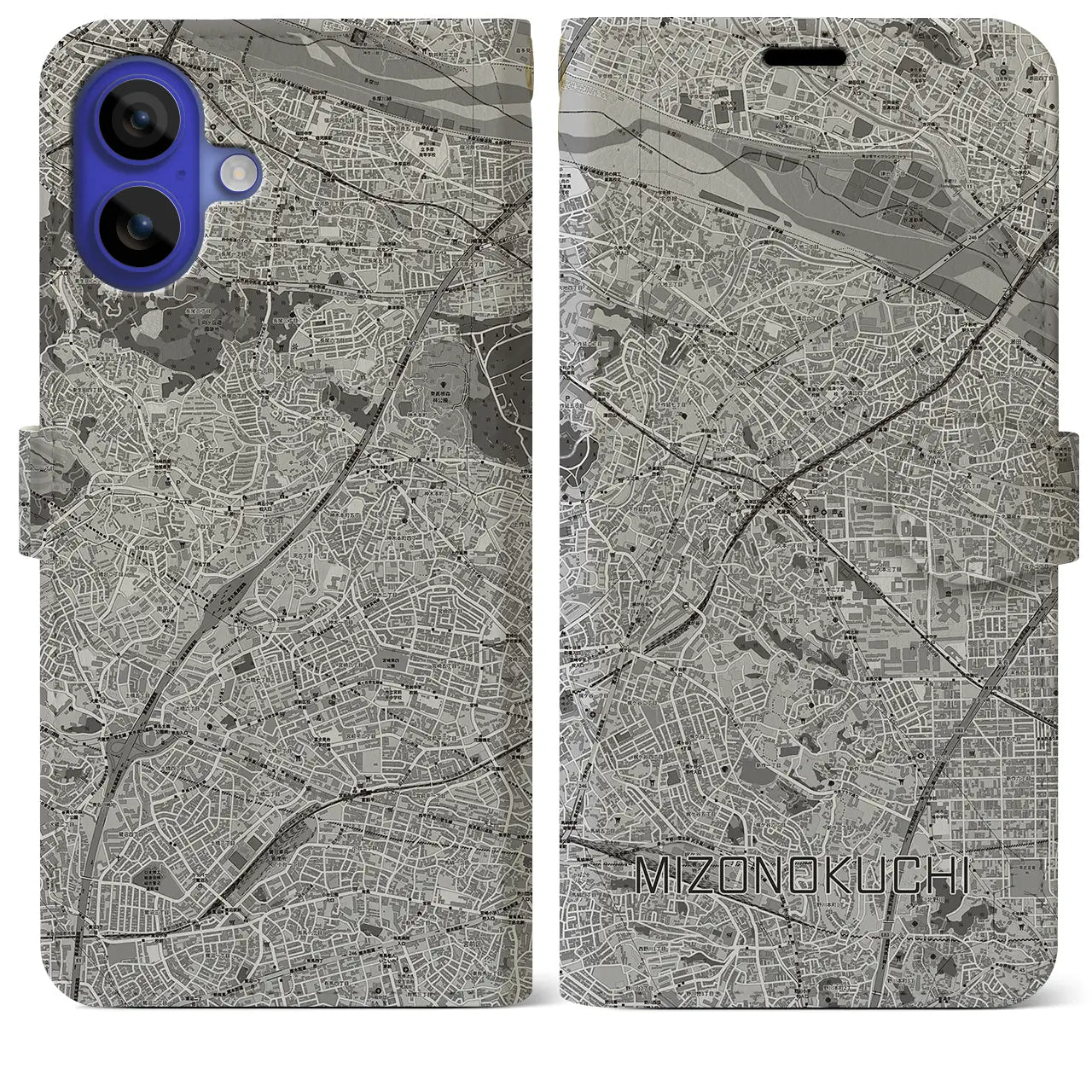 【溝の口(神奈川県)】地図柄iPhoneケース(手帳タイプ)モノトーン・iPhone 16 Pro Max 用