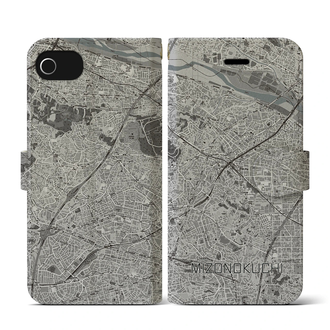 【溝の口(神奈川県)】地図柄iPhoneケース(手帳タイプ)モノトーン・iPhone SE(第3 / 第2世代) / 8 / 7 / 6s / 6 用